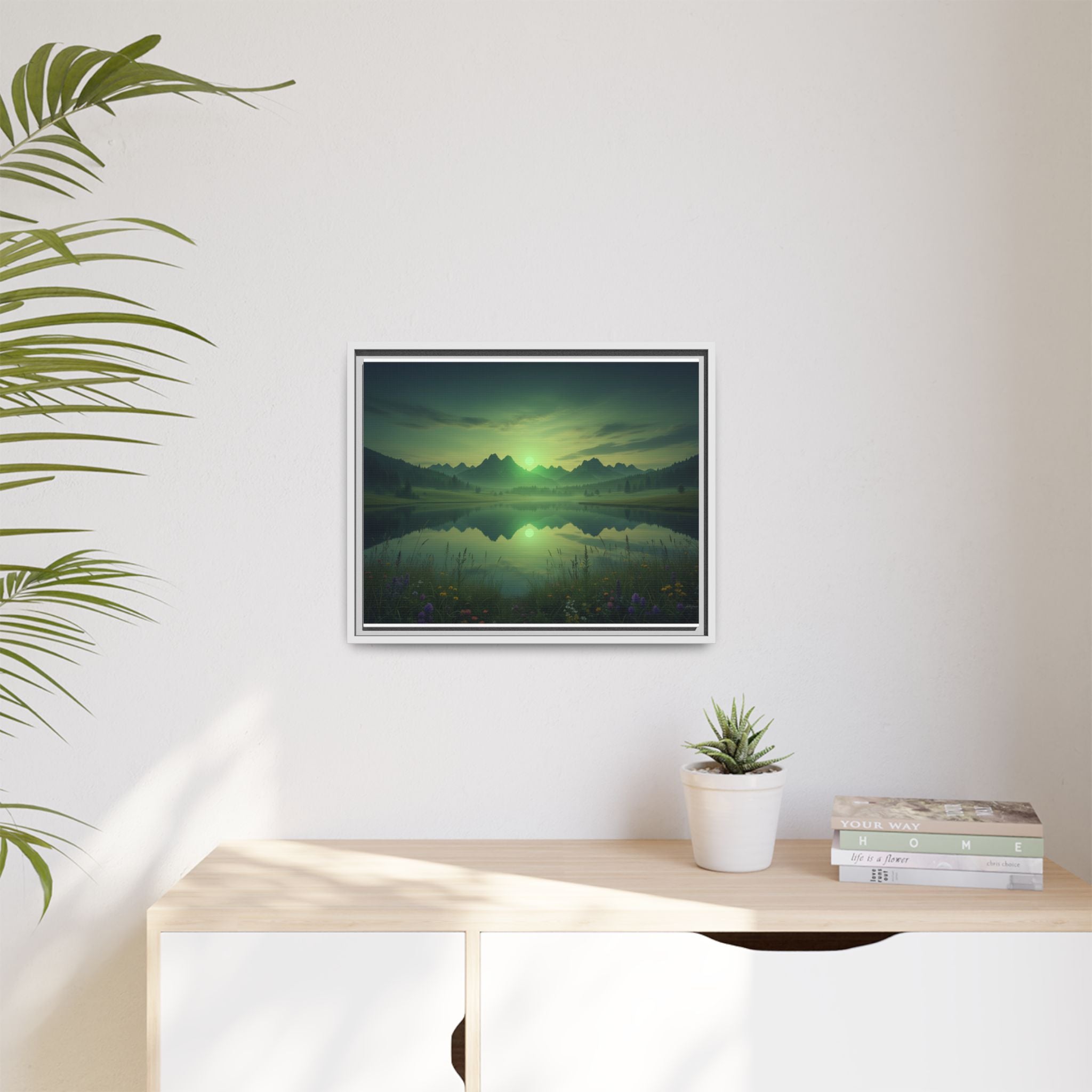 Framed Matte Canvas Print — Serene Green Mountain Lake Landscape