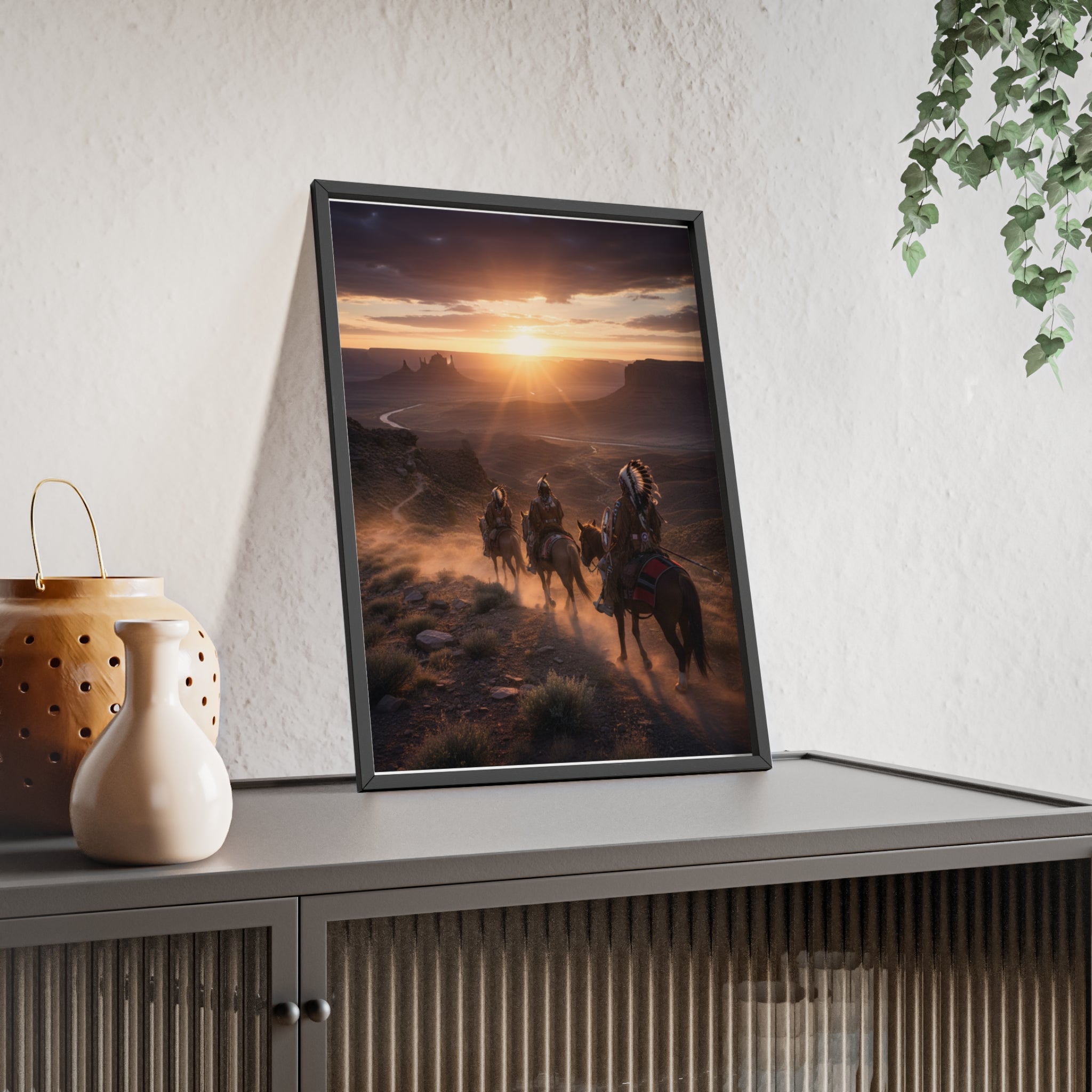 Framed Western Sunset Poster — Native Riders on Horseback Wall Art