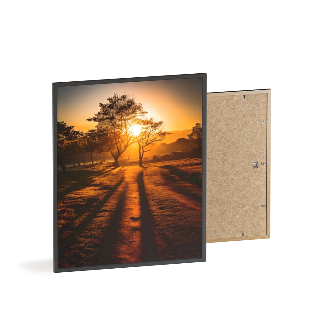 Sunrise Forest Poster — Framed Wooden Wall Art (Sunlit Trees)