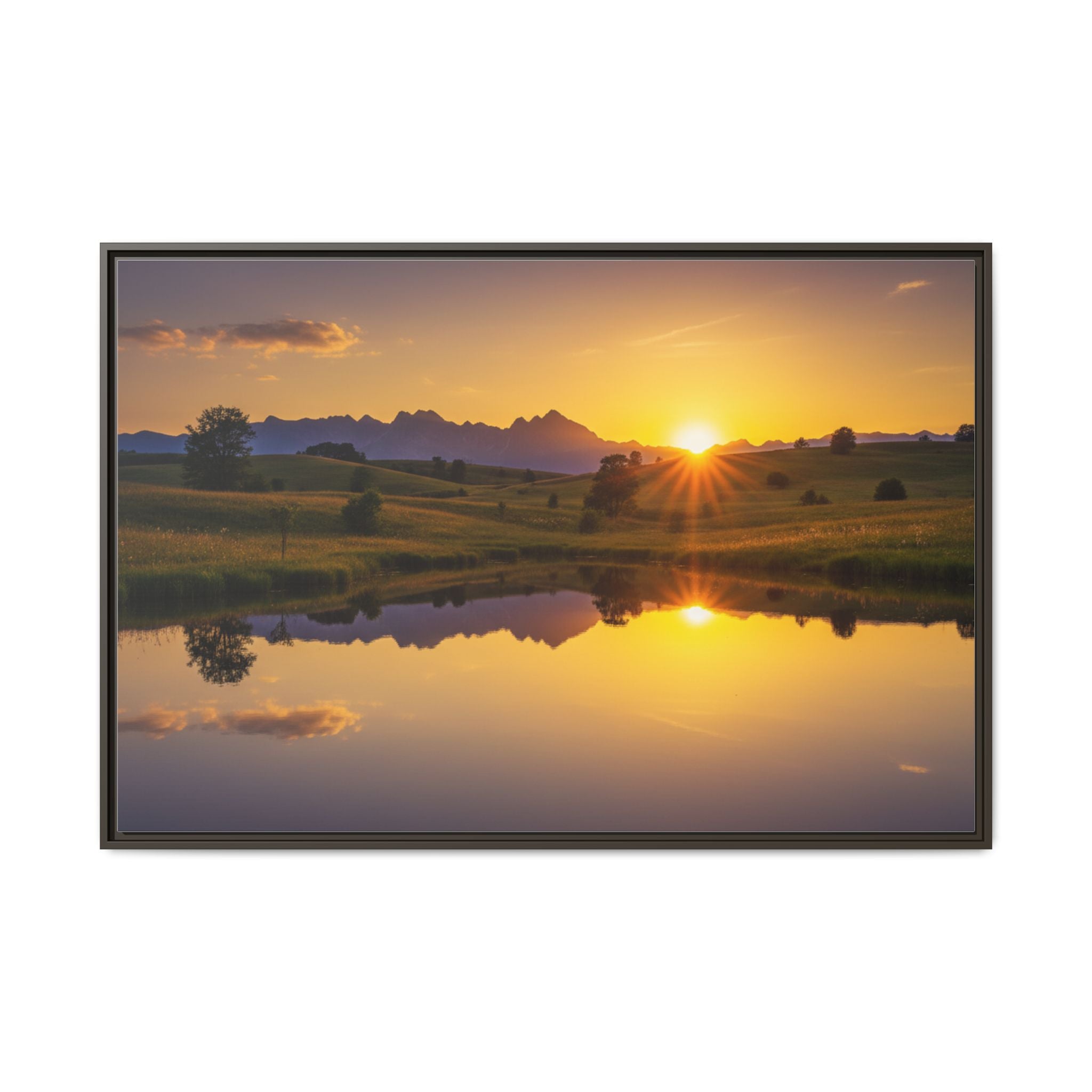 Framed Matte Canvas Sunset Landscape — Serene Lake Reflection Wall Art