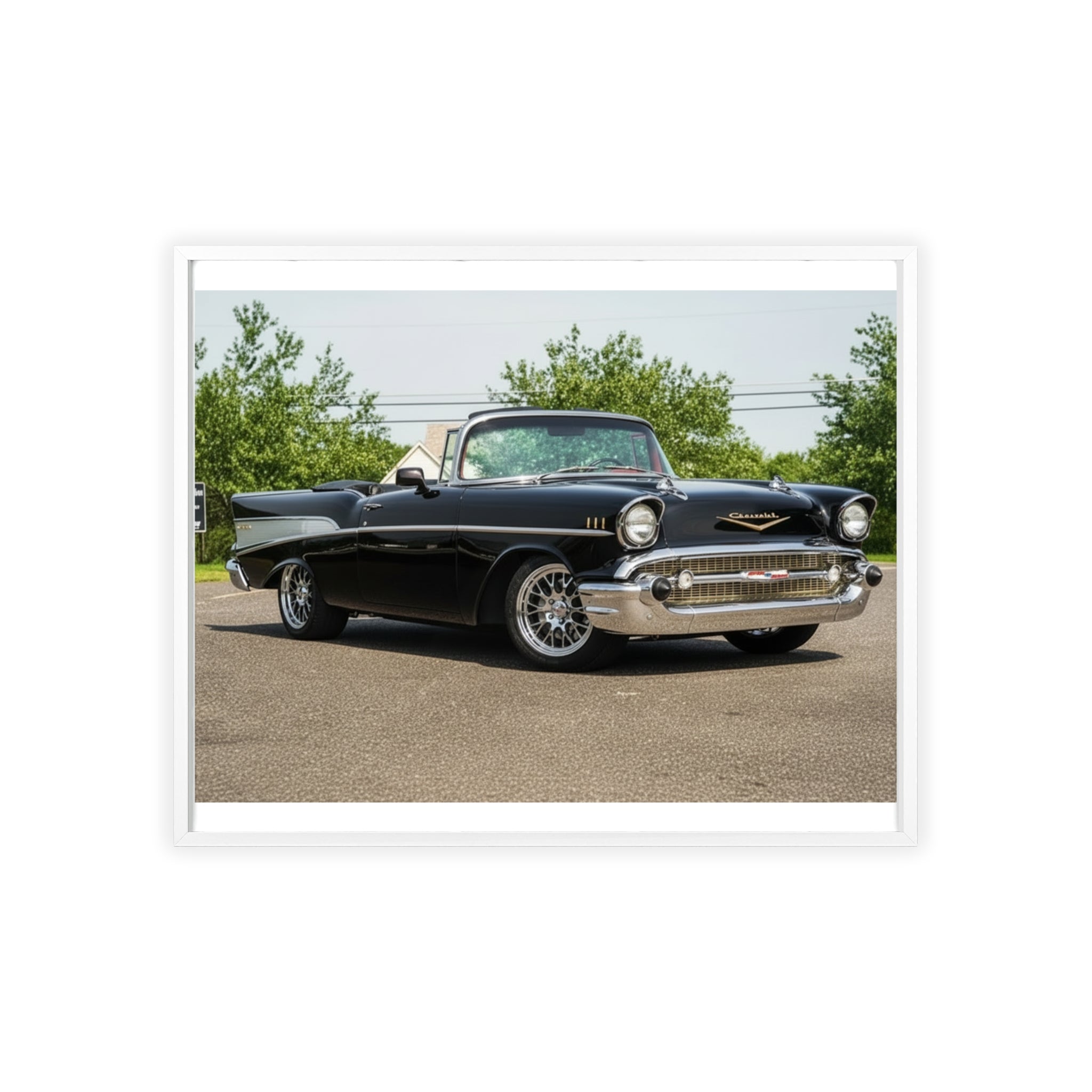 Classic Black 1957 Chevy Poster with Wooden Frame — Vintage Car Wall Art
