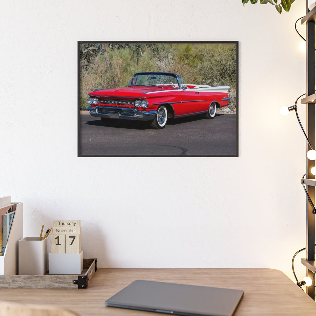 Vintage Red Convertible Car Poster with Wooden Frame — Classic Auto Wall Art