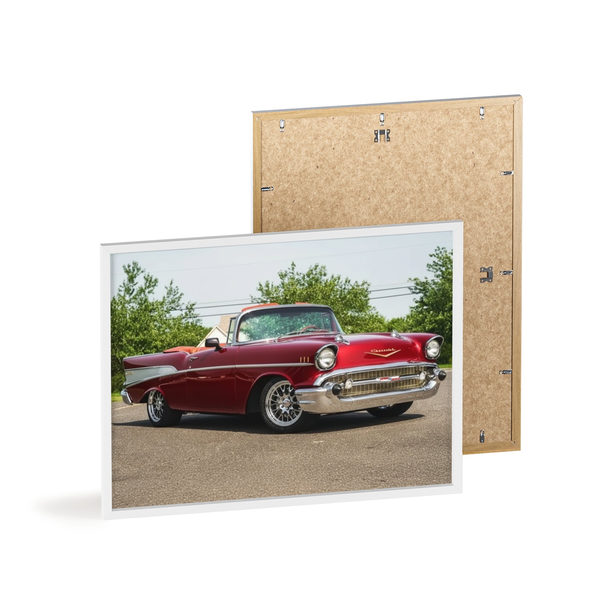 Vintage Red Classic Car Poster with Wooden Frame — Retro Automotive Wall Art