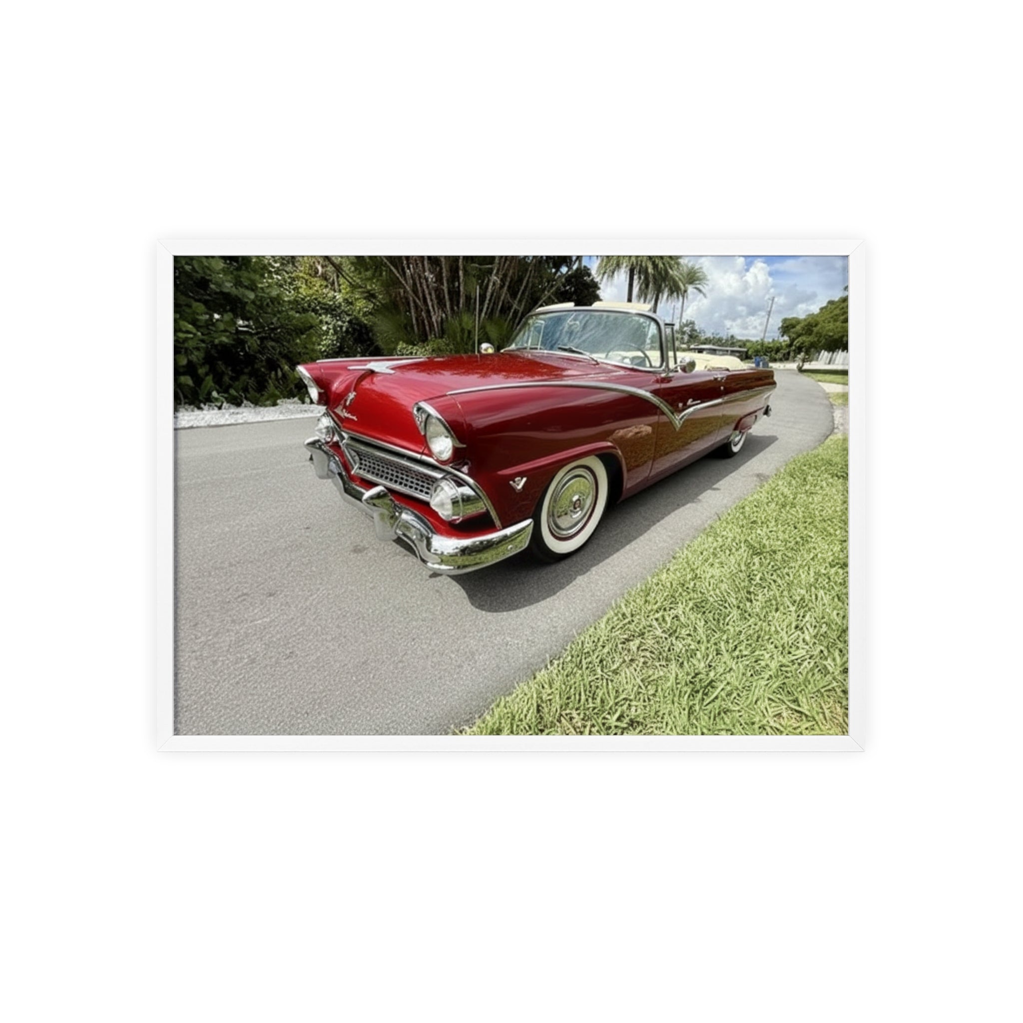 Vintage Red Convertible Poster with Wooden Frame — Classic Car Wall Art