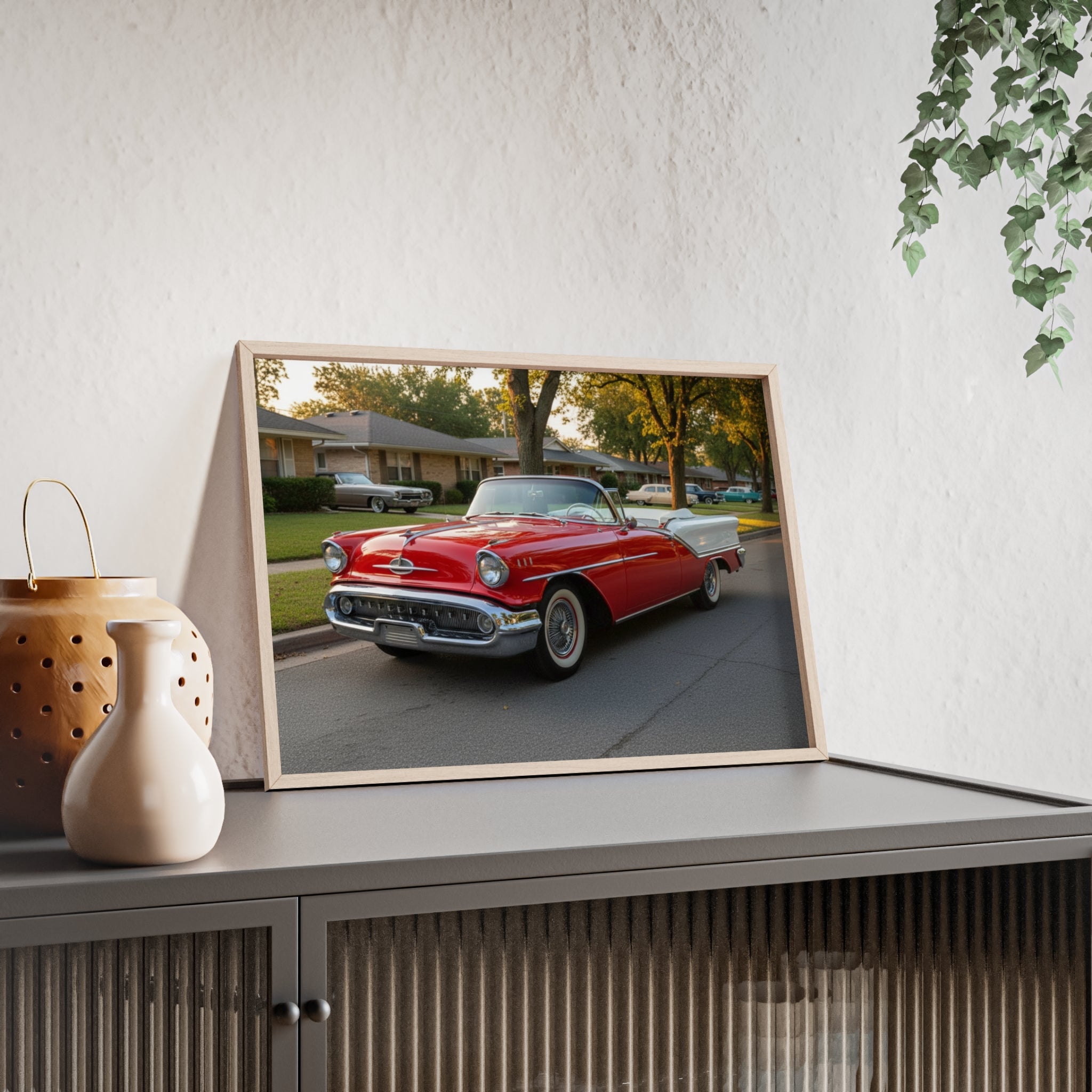Vintage Red Convertible Poster with Wooden Frame — Classic Car Wall Art