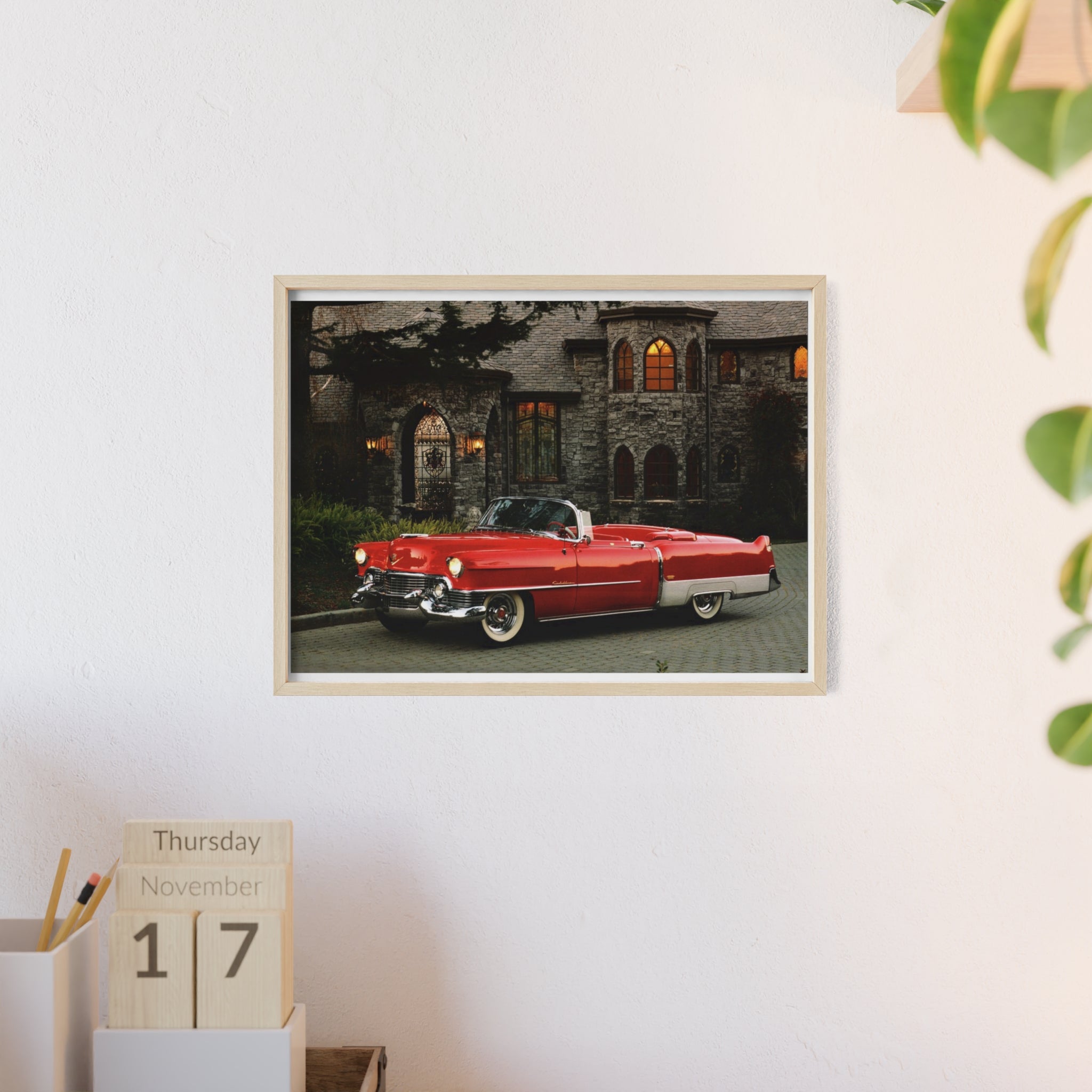 Vintage Red Convertible Poster with Wooden Frame — Classic Car Wall Art