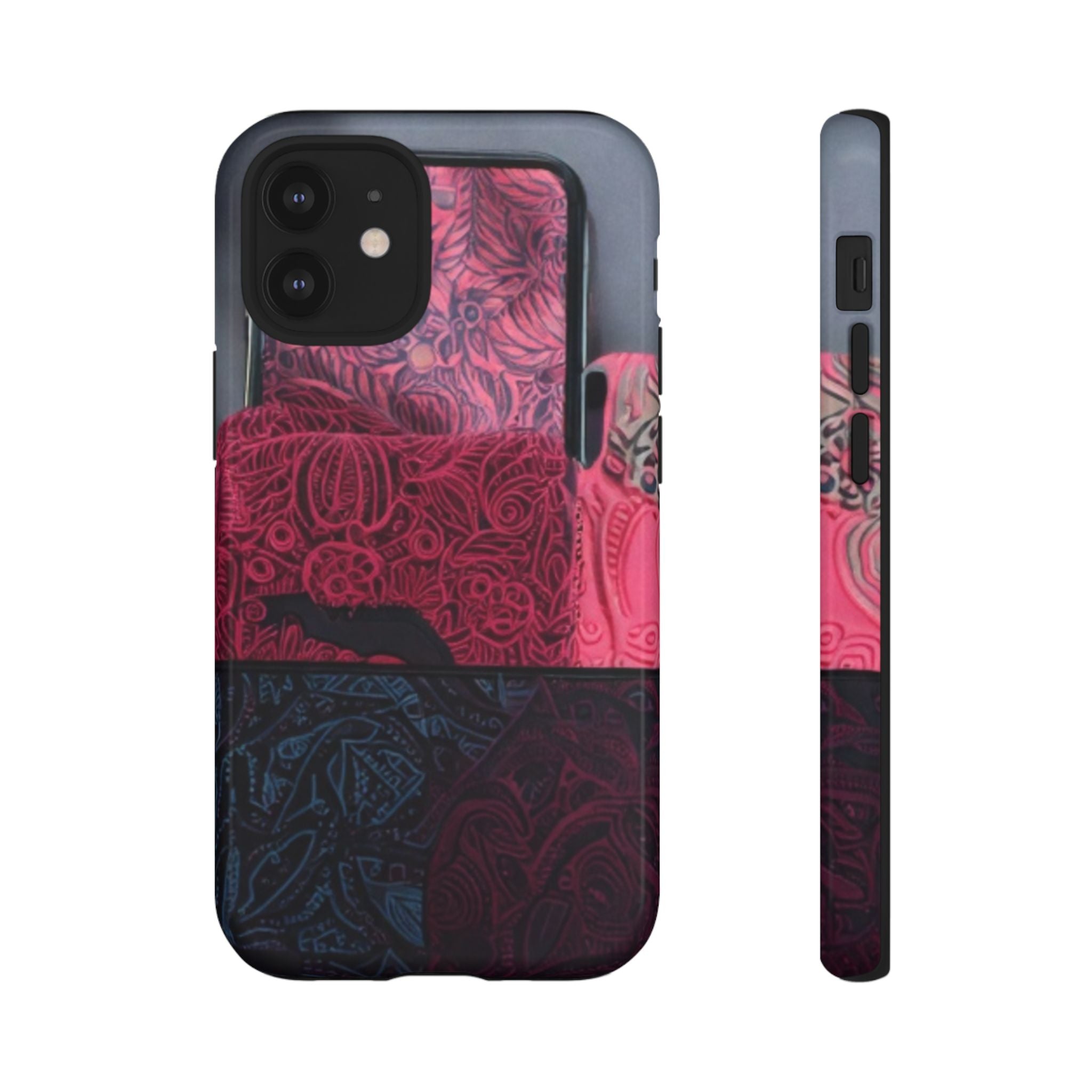 Floral Patchwork Tough Phone Case — Pink & Navy Doodle Design