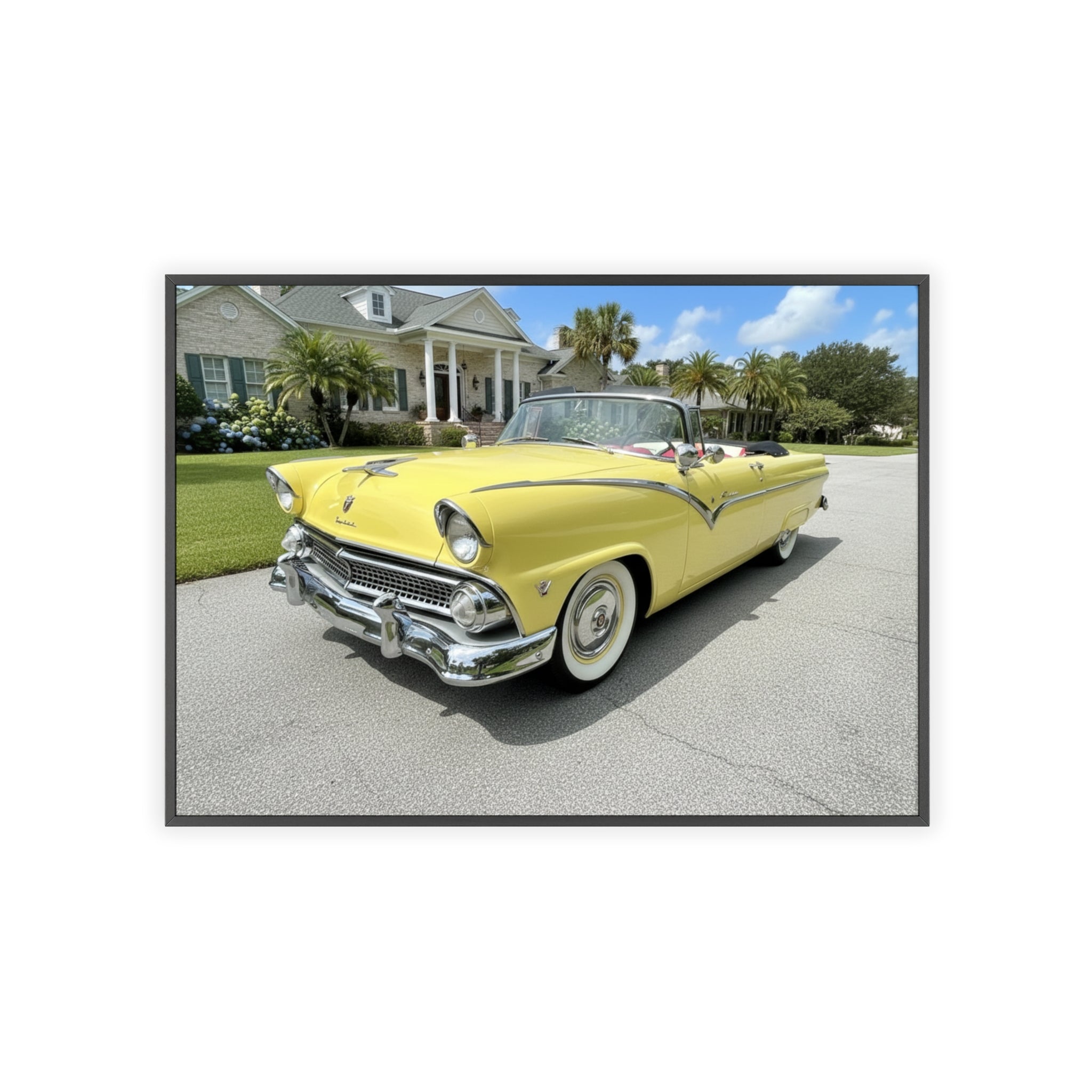 Vintage Yellow Classic Car Poster — Framed Wooden Wall Art