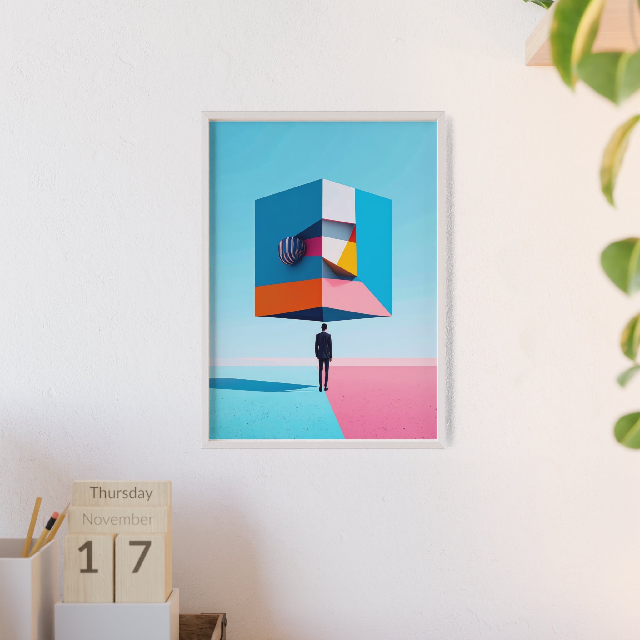 Surreal Geometric Art Poster with Wooden Frame — Modern Minimal Wall Decor