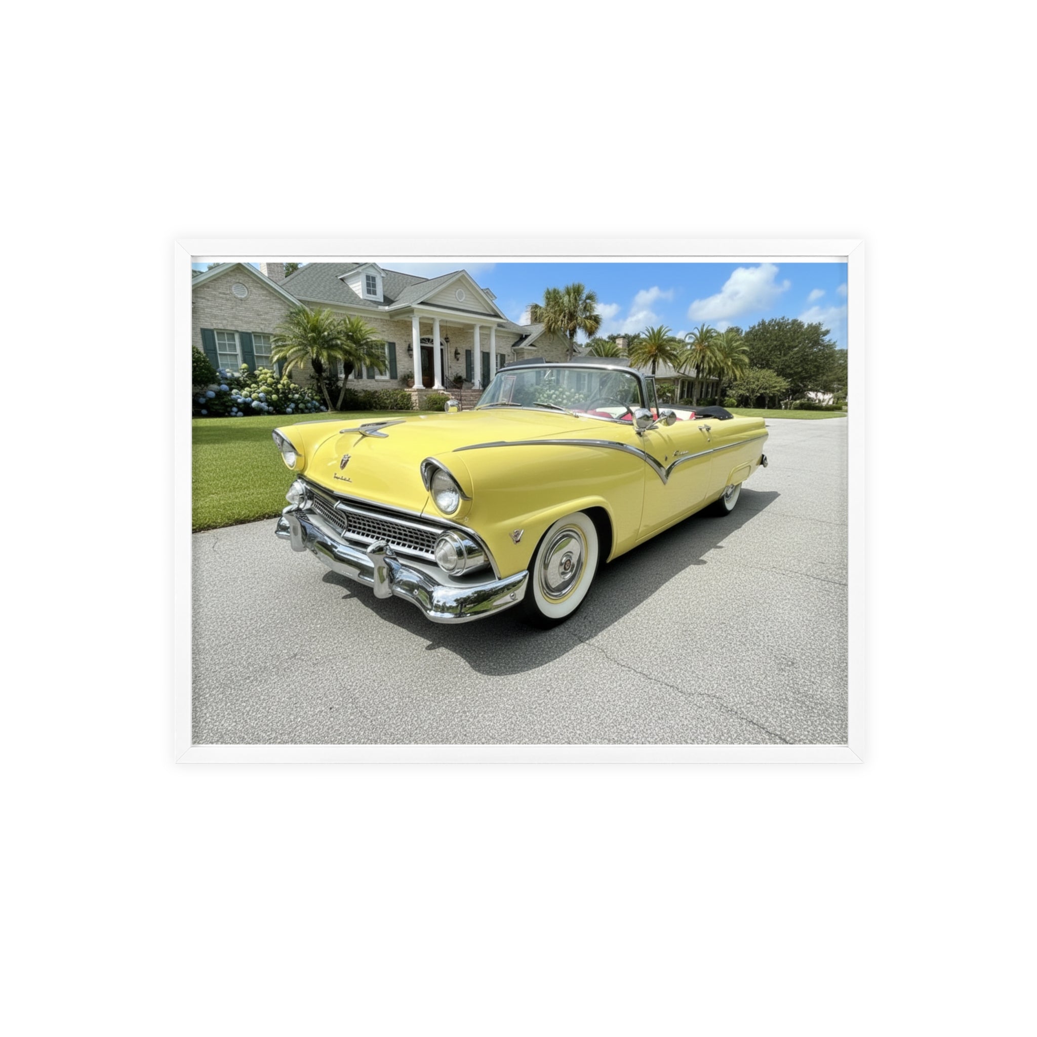 Vintage Yellow Classic Car Poster — Framed Wooden Wall Art