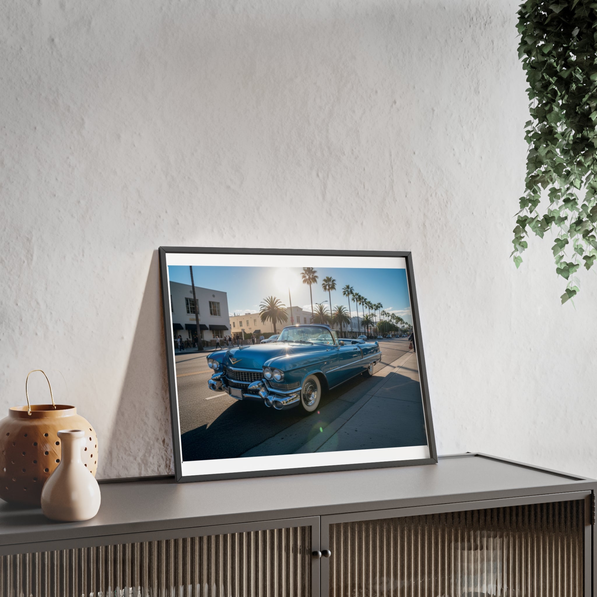 Framed Vintage Cadillac Poster – Retro Palm-Tree Coastal Car Wall Art