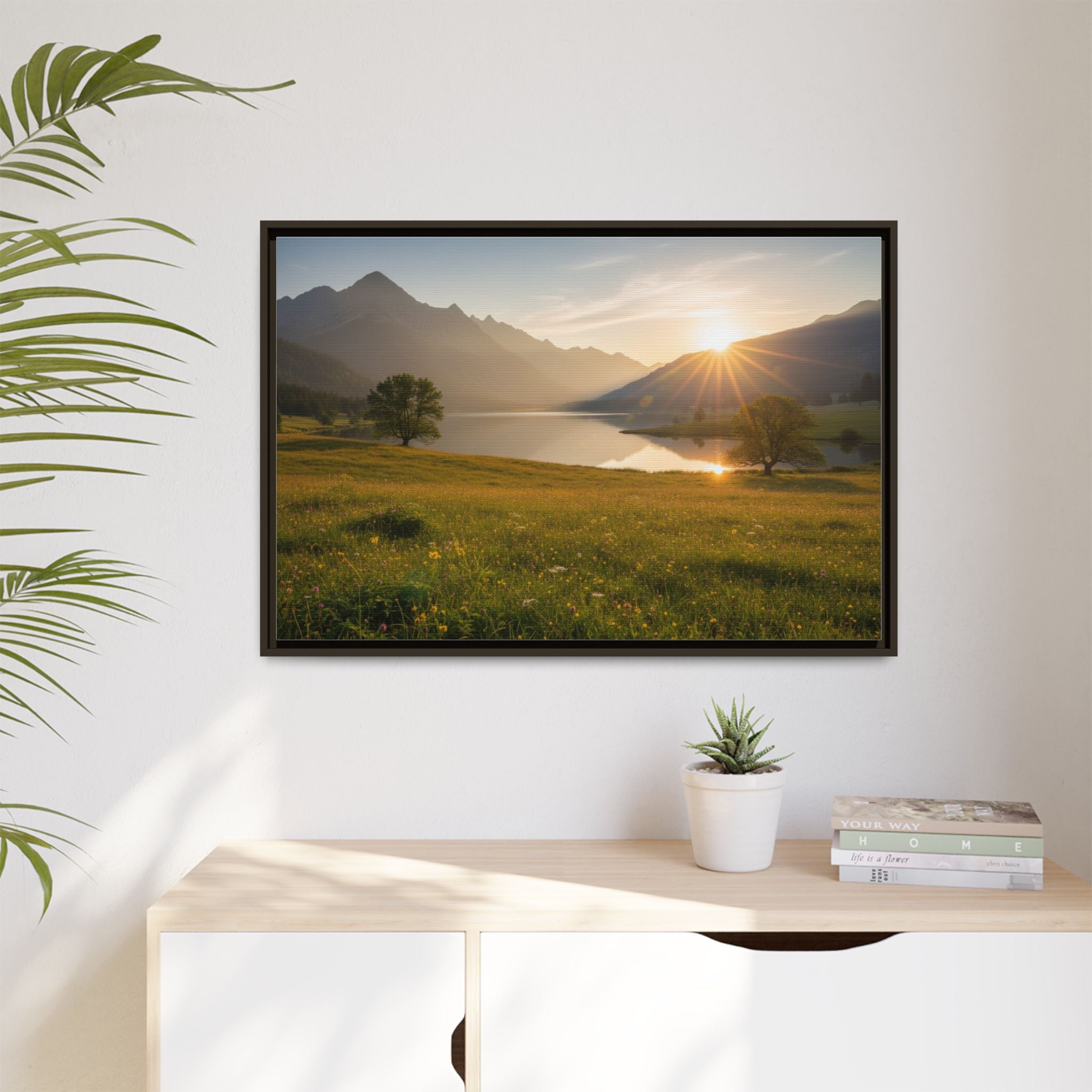 Sunrise Mountain Lake Matte Canvas — Framed Landscape Wall Art