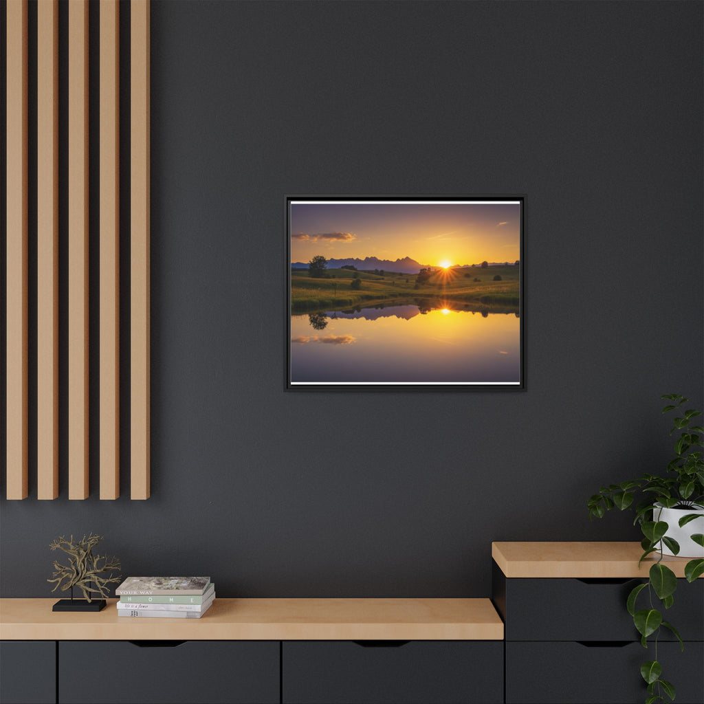 Framed Matte Canvas Sunset Landscape — Serene Lake Reflection Wall Art