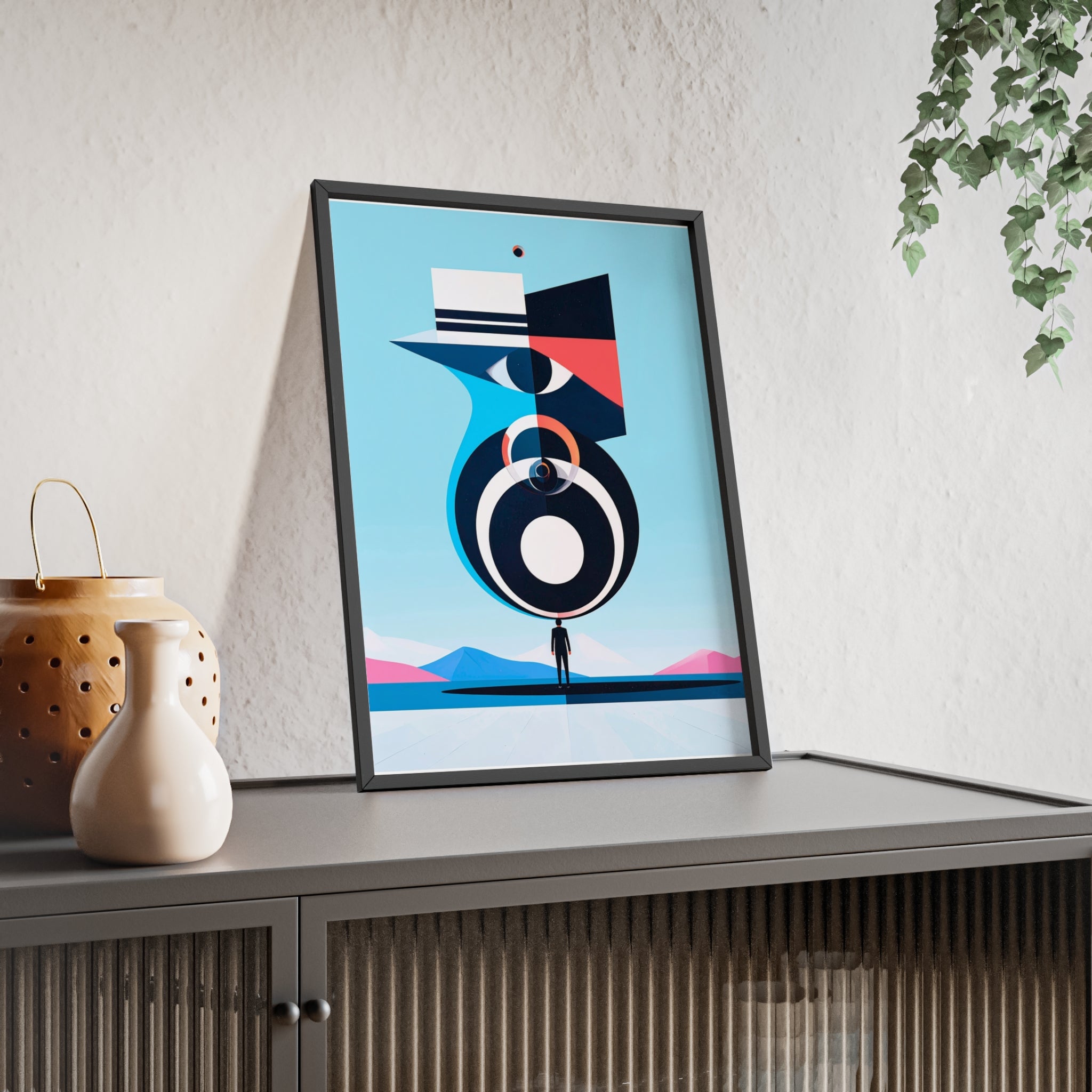 Abstract Geometric Bird Poster with Wooden Frame — Modern Minimalist Wall Art