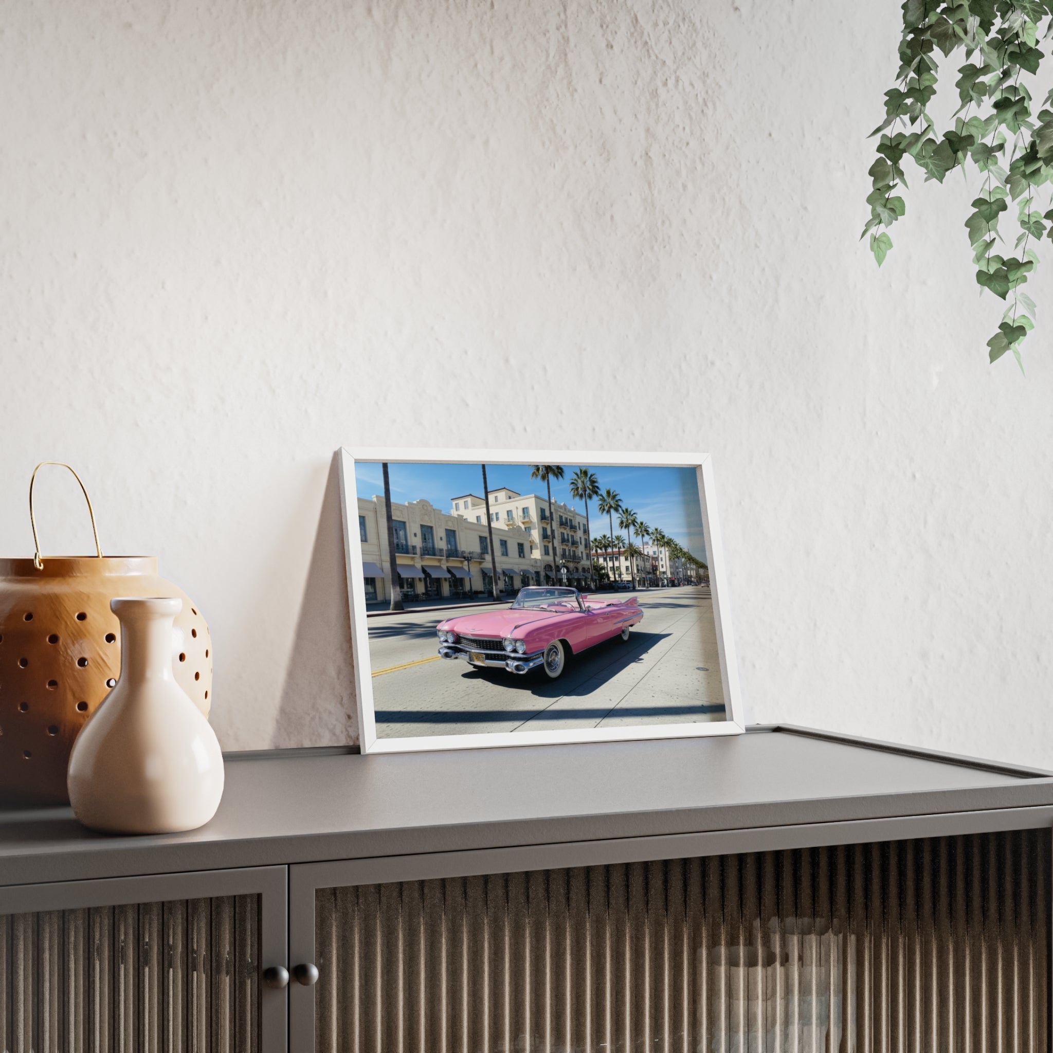 Retro Pink Cadillac Poster with Wooden Frame — Vintage Palm-Drive Wall Art