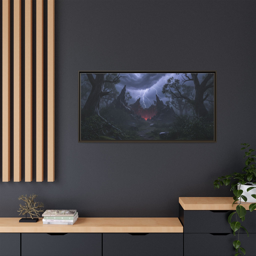 Dark Storm Forest Framed Canvas Print — Lightning, Haunted Castle Art