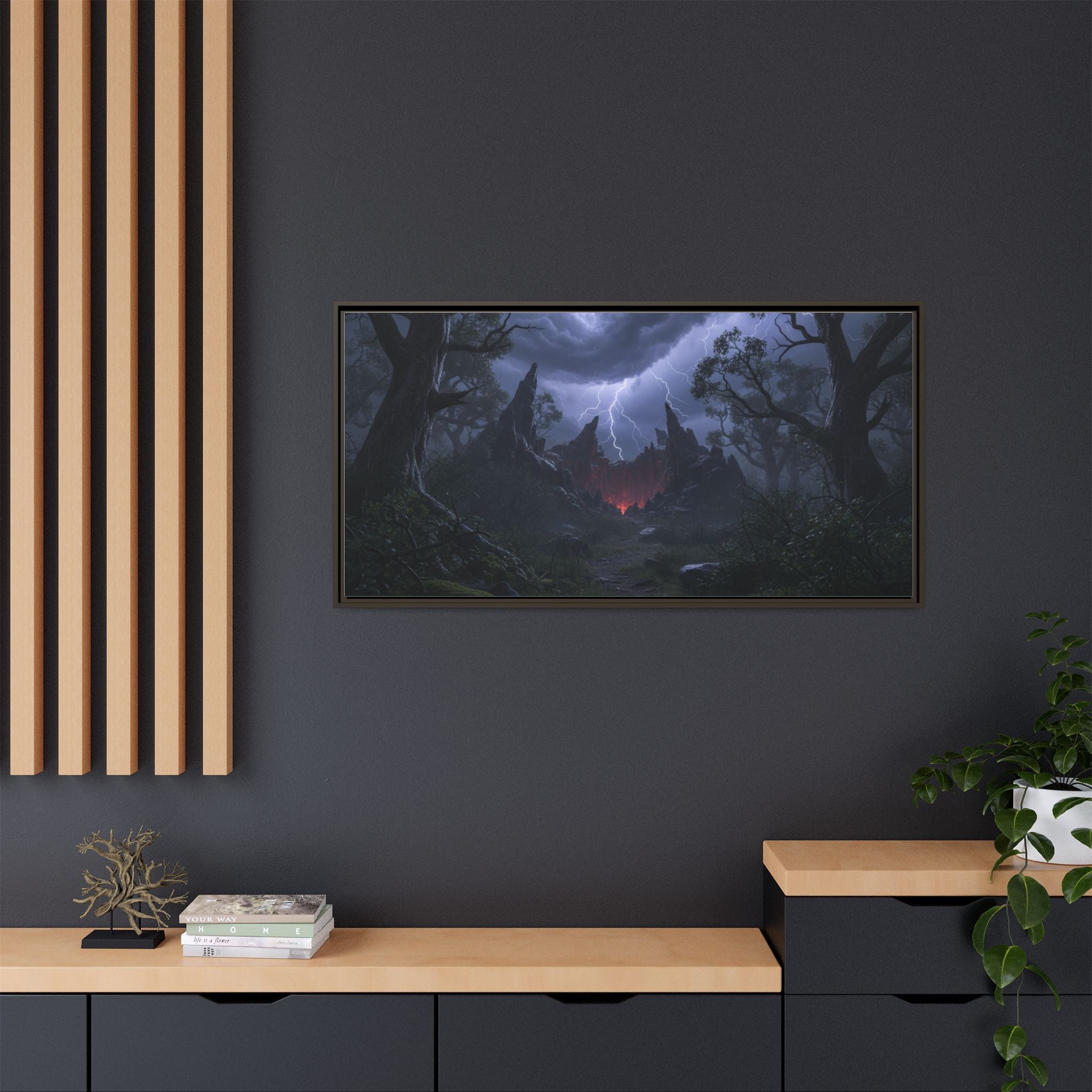 Dark Storm Forest Framed Canvas Print — Lightning, Haunted Castle Art