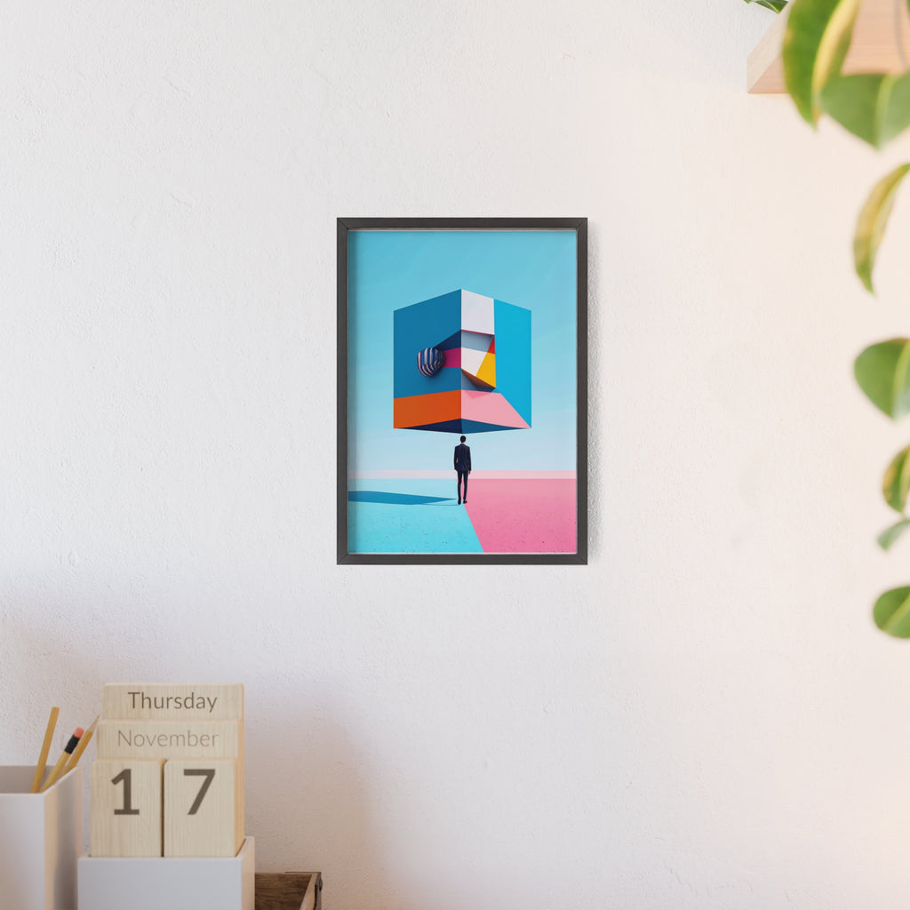 Surreal Geometric Art Poster with Wooden Frame — Modern Minimal Wall Decor