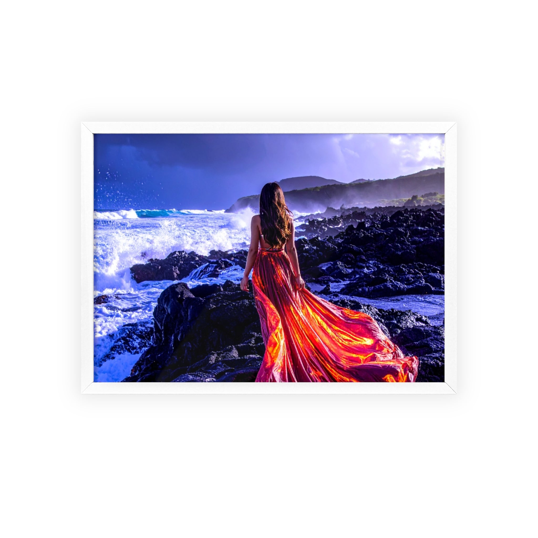 Framed Art Print — Woman in Fiery Red Dress on Rocky Shore (Wooden Frame Poster)