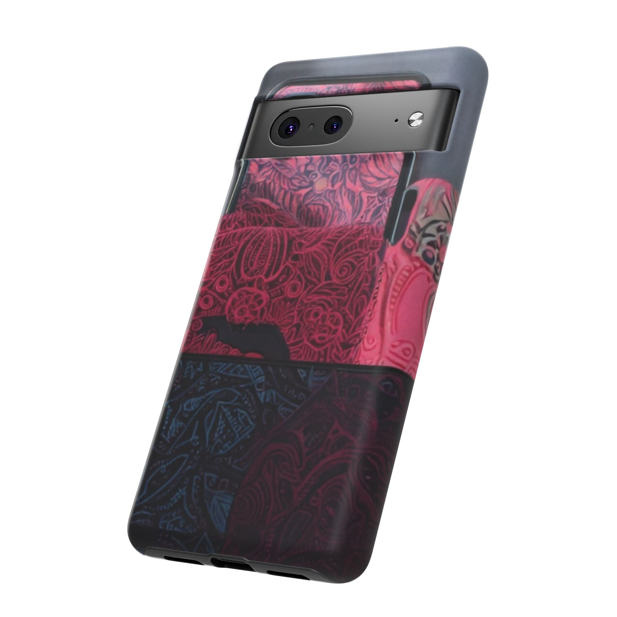 Floral Patchwork Tough Phone Case — Pink & Navy Doodle Design