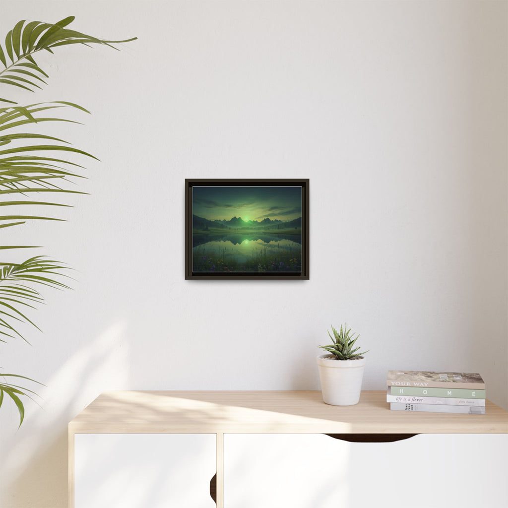 Framed Matte Canvas Print — Serene Green Mountain Lake Landscape