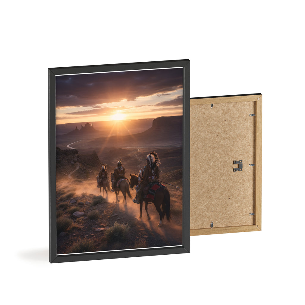 Framed Western Sunset Poster — Native Riders on Horseback Wall Art