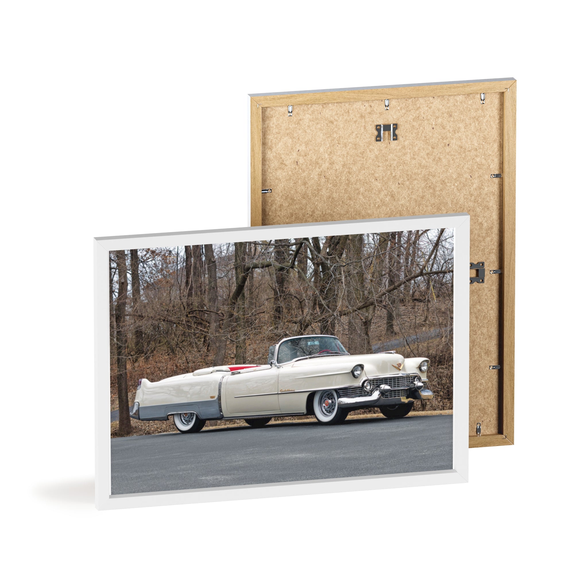 Vintage 1950s White Cadillac Poster with Wooden Frame - Classic Car Wall Art