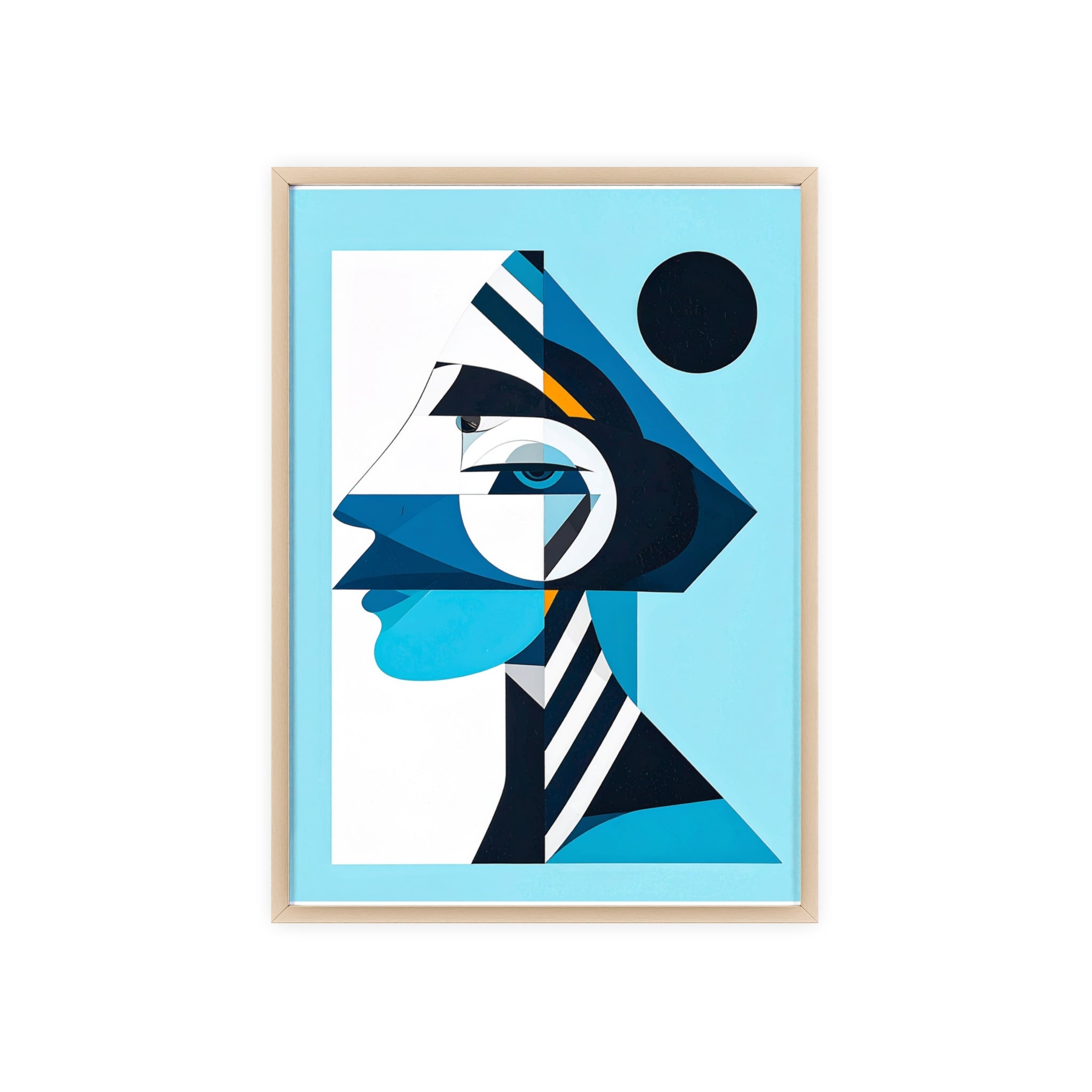 Abstract Geometric Portrait Poster with Wooden Frame — Blue Modern Wall Art