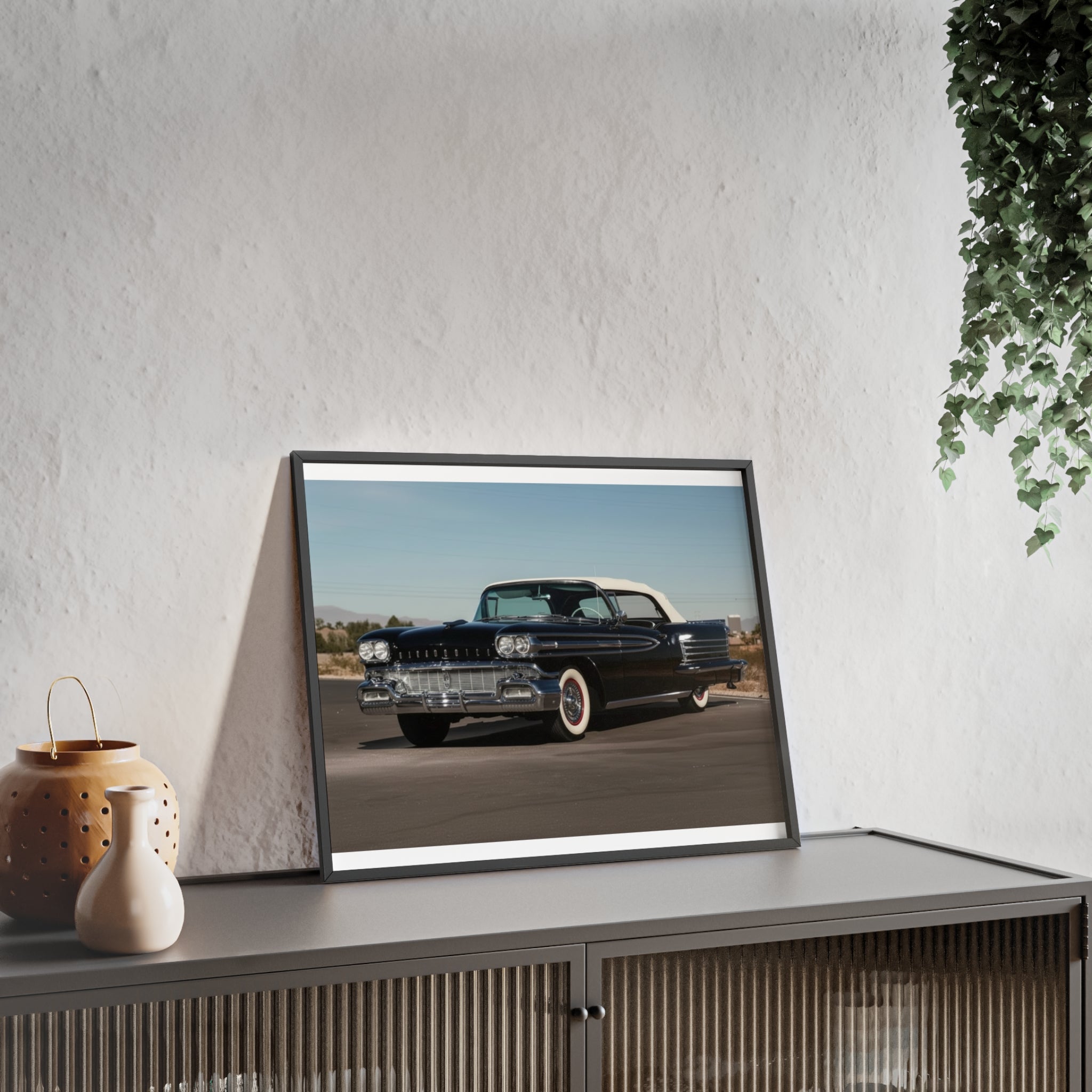 Vintage Black Classic Car Poster with Wooden Frame — Retro Automobile Wall Art