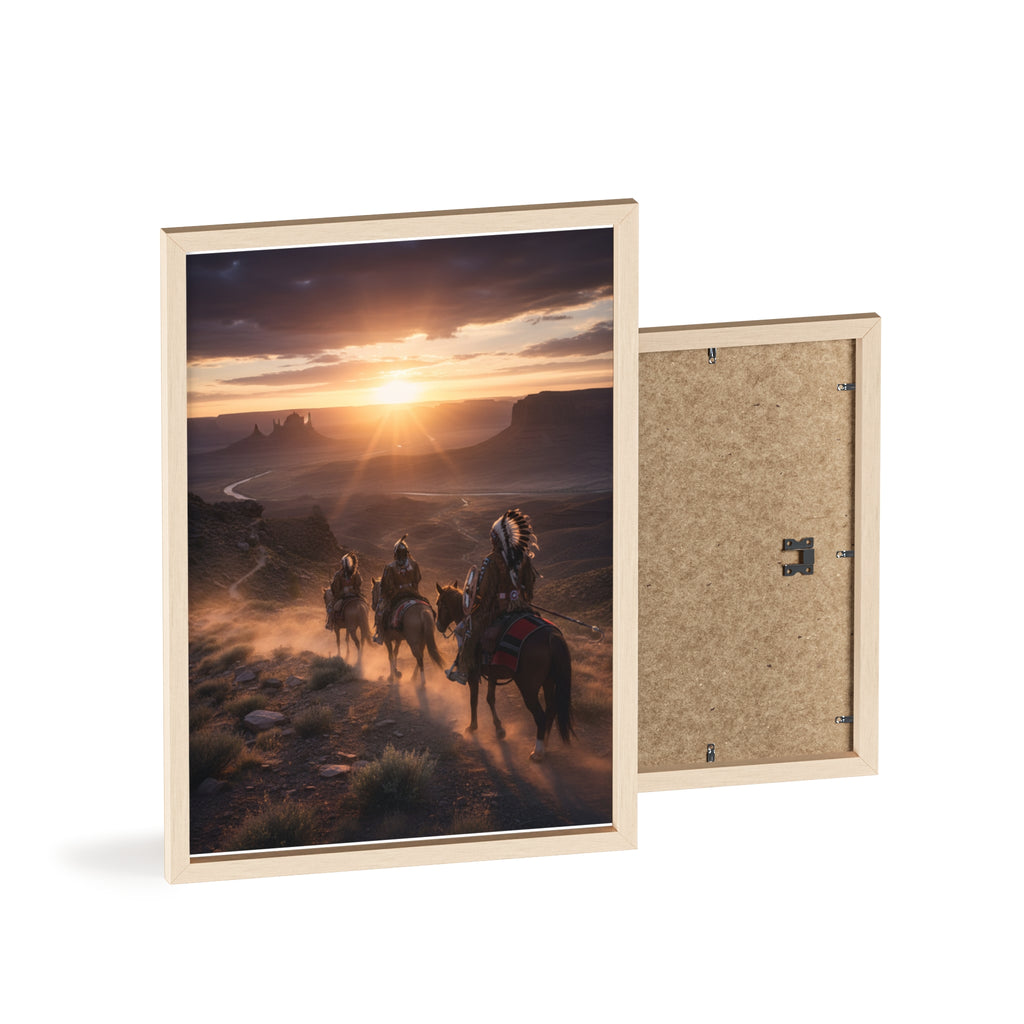 Framed Western Sunset Poster — Native Riders on Horseback Wall Art