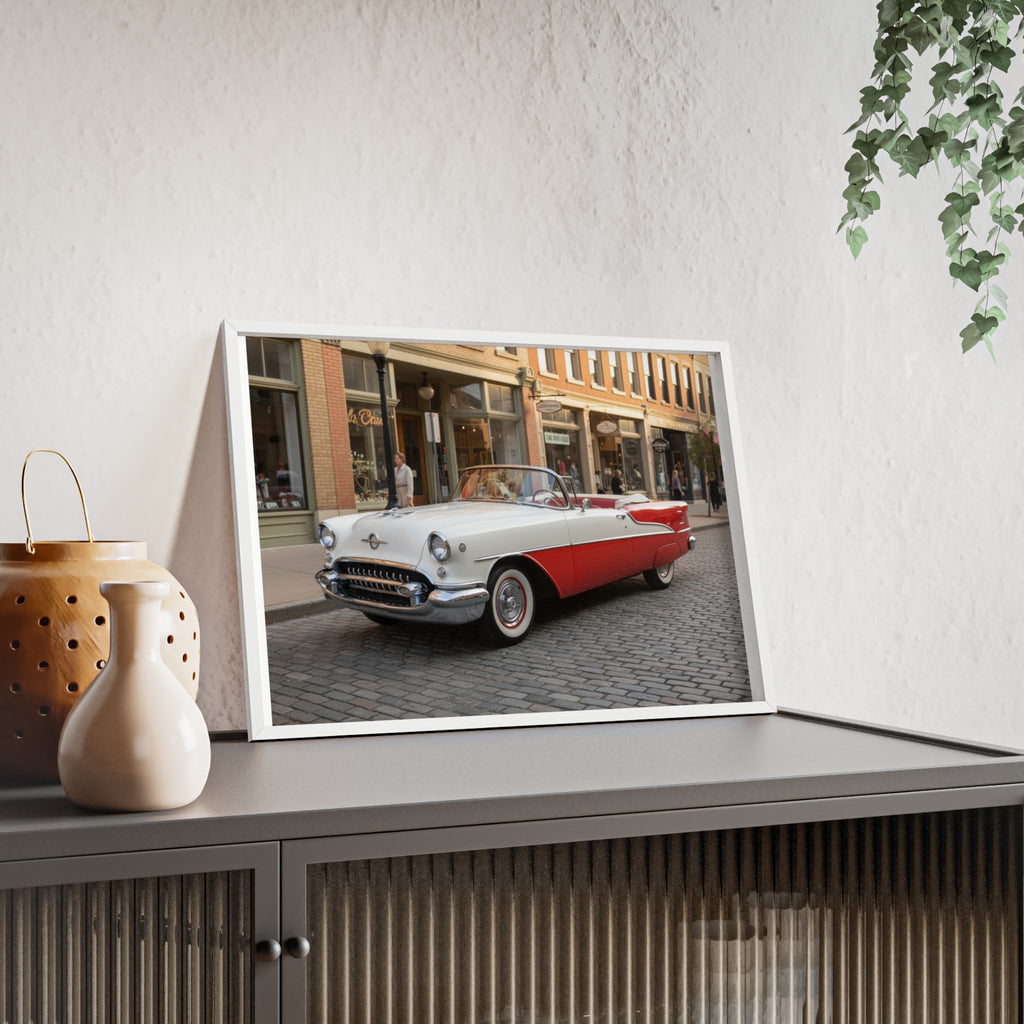 Vintage Red & White Convertible Poster with Wooden Frame — Retro Car Wall Art