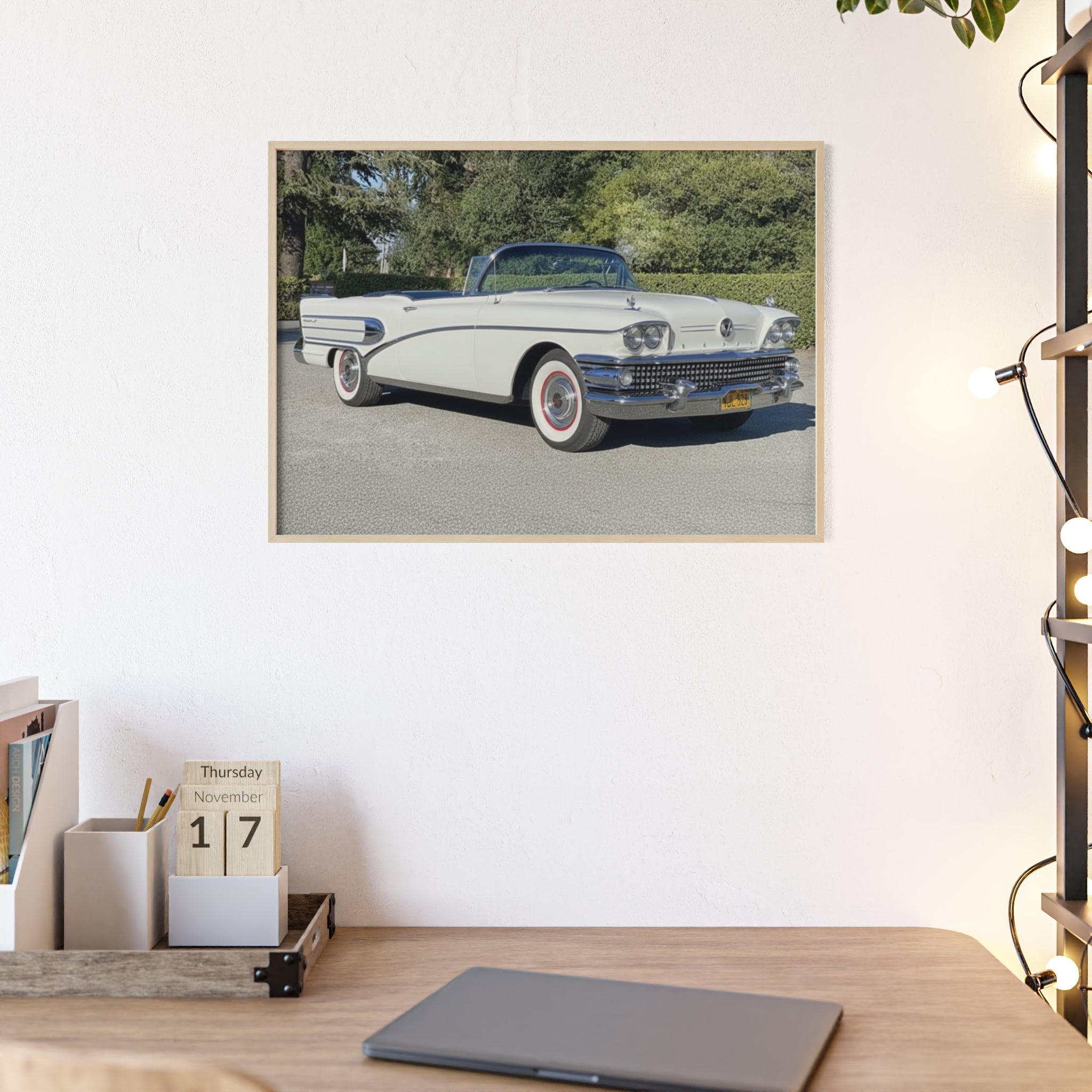Classic White Convertible Car Poster with Wooden Frame — Vintage Auto Wall Art