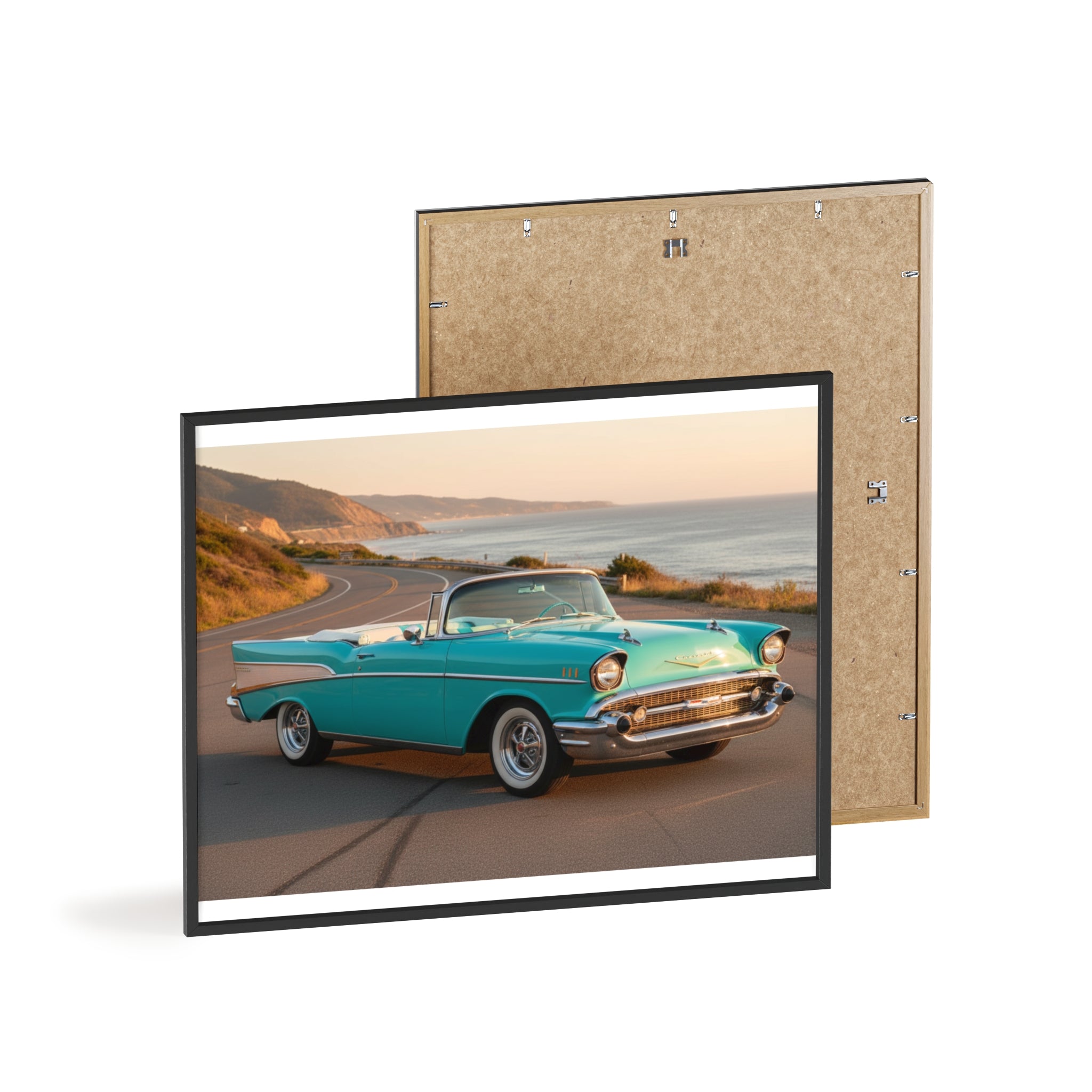 Vintage Teal Classic Car Poster with Wooden Frame — Coastal Road Print