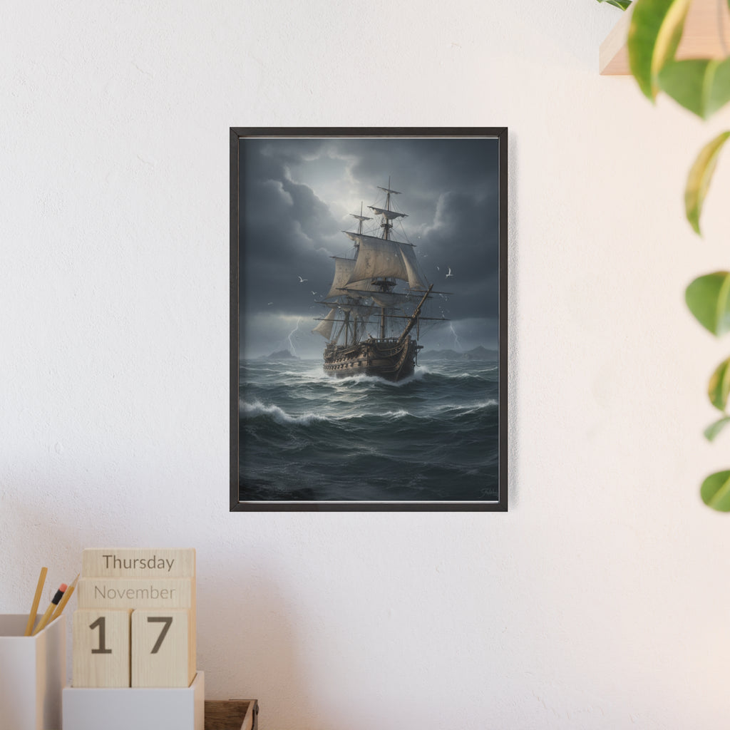 Framed Stormy Sea Ship Poster — Nautical Wall Art with Wooden Frame