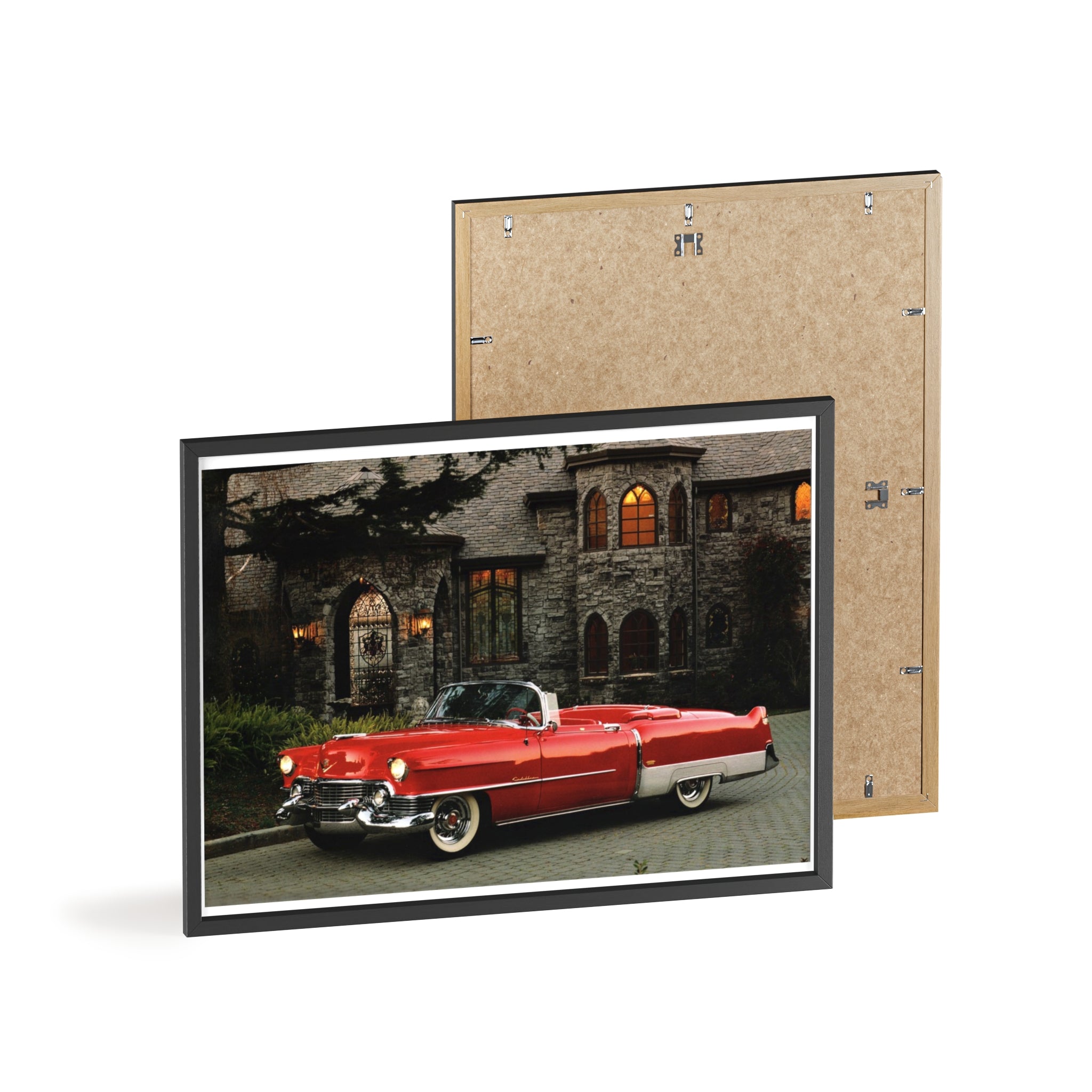 Vintage Red Convertible Poster with Wooden Frame — Classic Car Wall Art