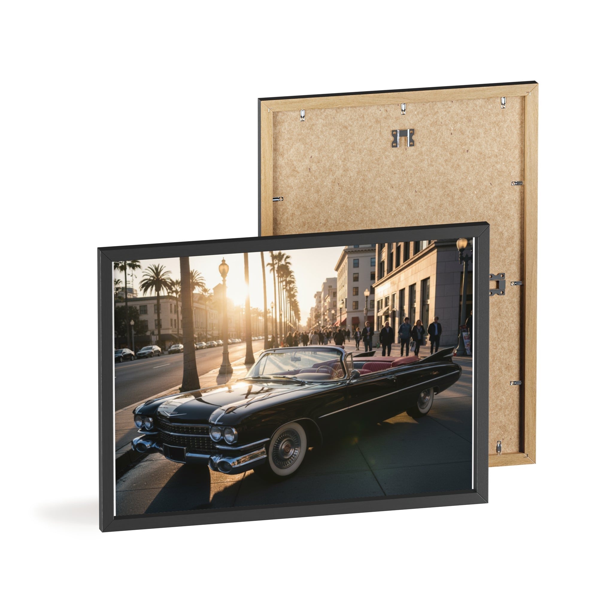 Vintage Convertible Sunset Poster with Wooden Frame