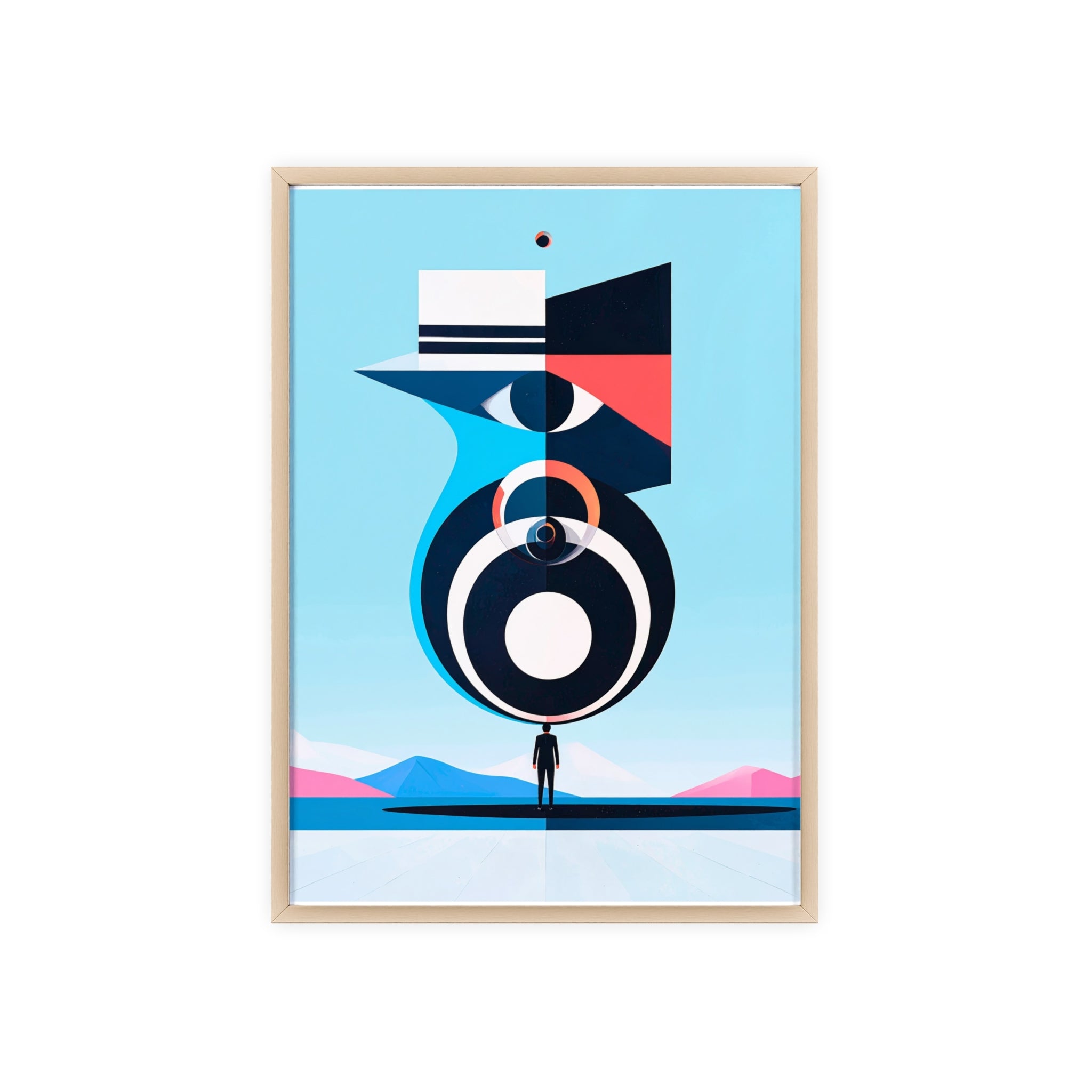 Abstract Geometric Bird Poster with Wooden Frame — Modern Minimalist Wall Art