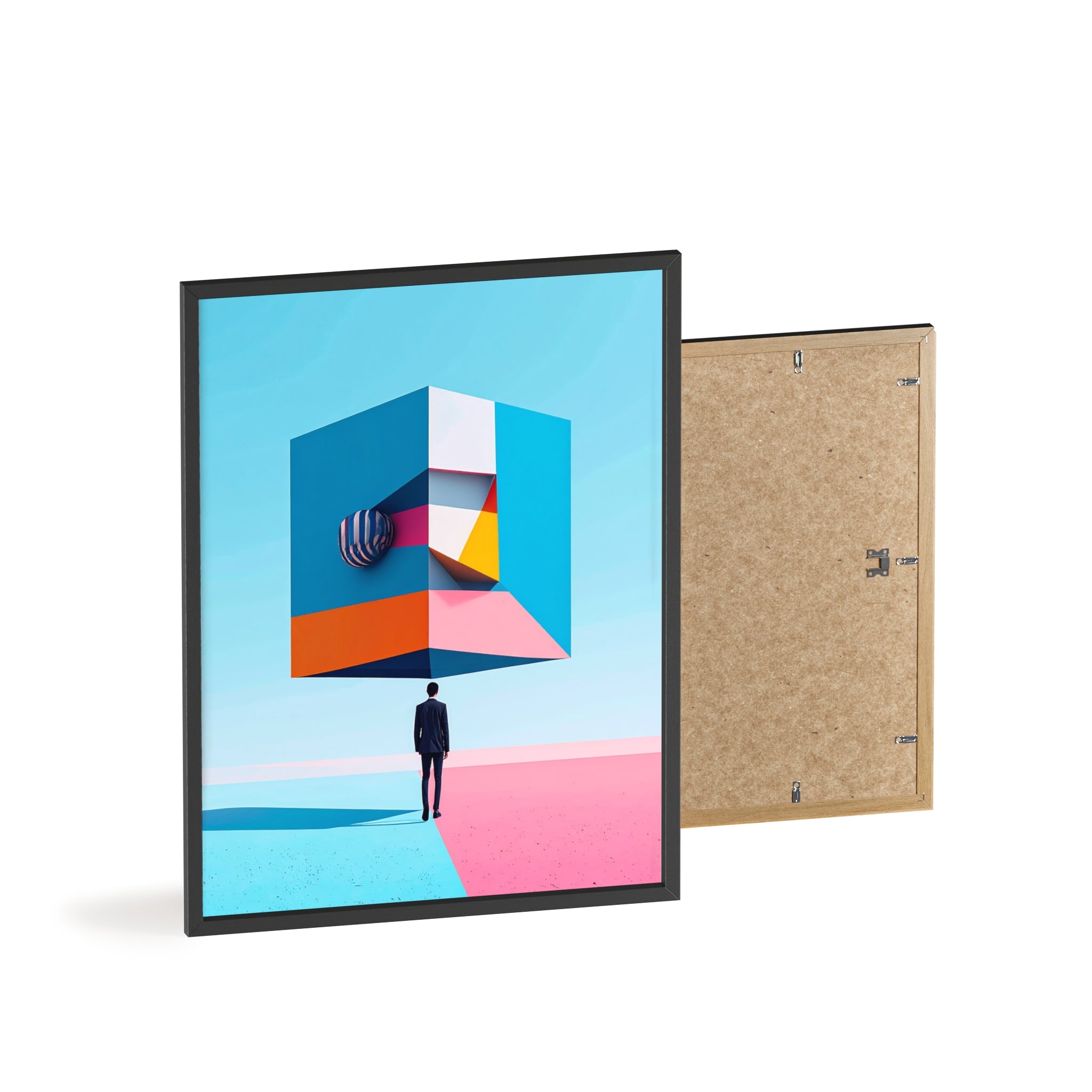 Surreal Geometric Art Poster with Wooden Frame — Modern Minimal Wall Decor