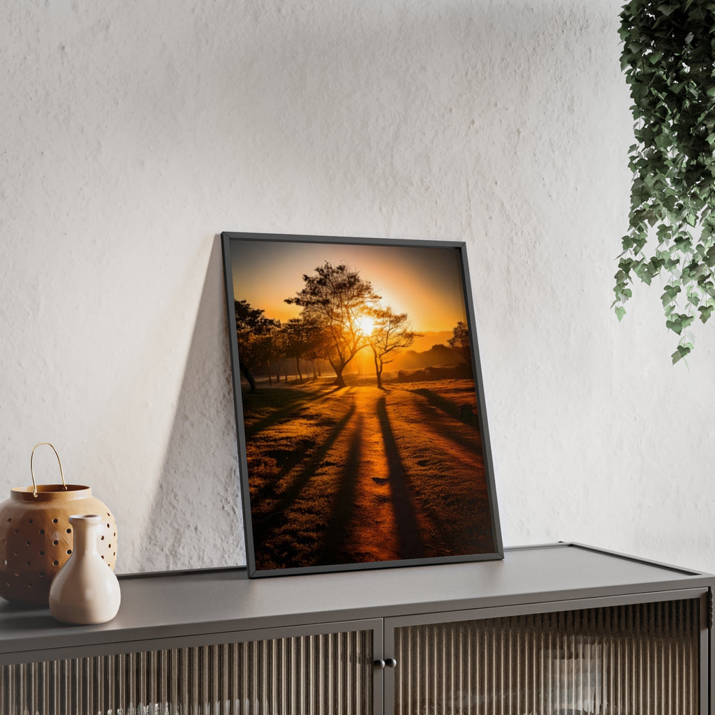 Sunrise Forest Poster — Framed Wooden Wall Art (Sunlit Trees)