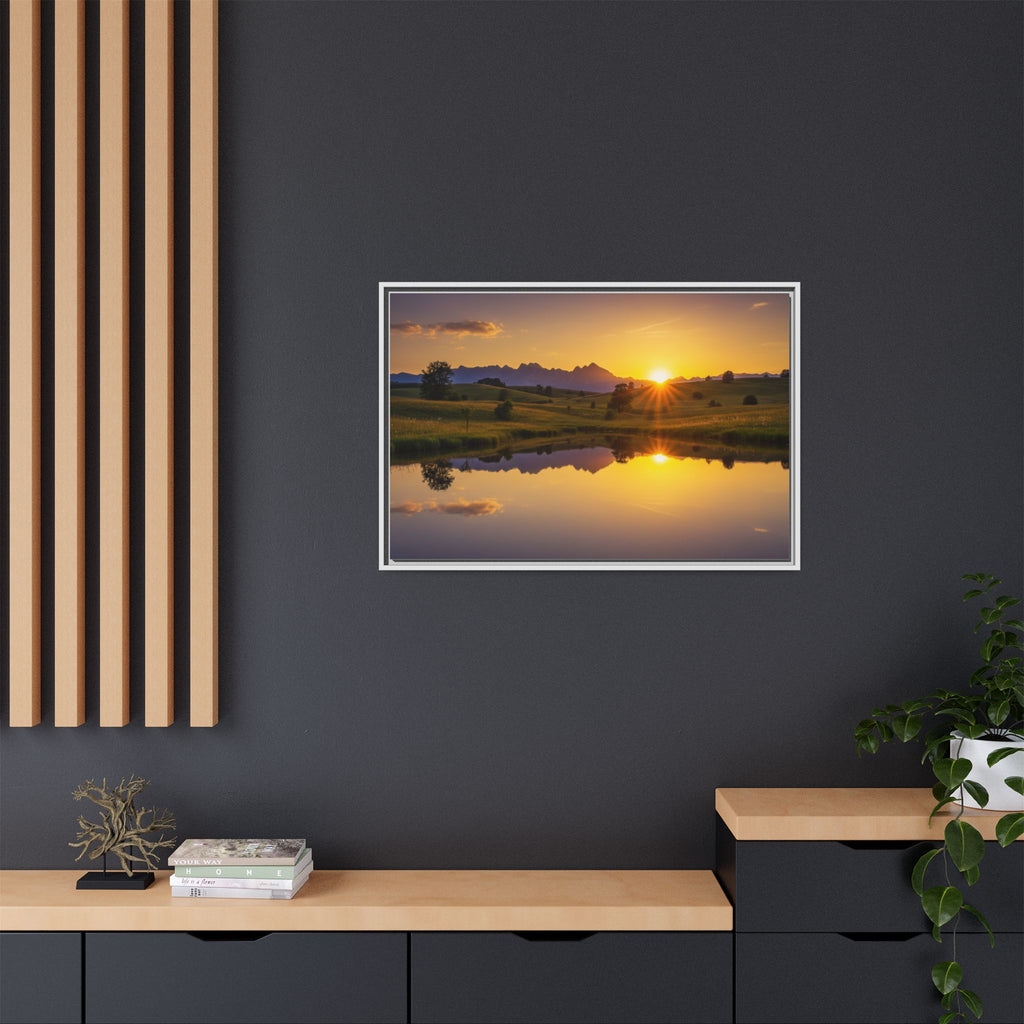 Framed Matte Canvas Sunset Landscape — Serene Lake Reflection Wall Art