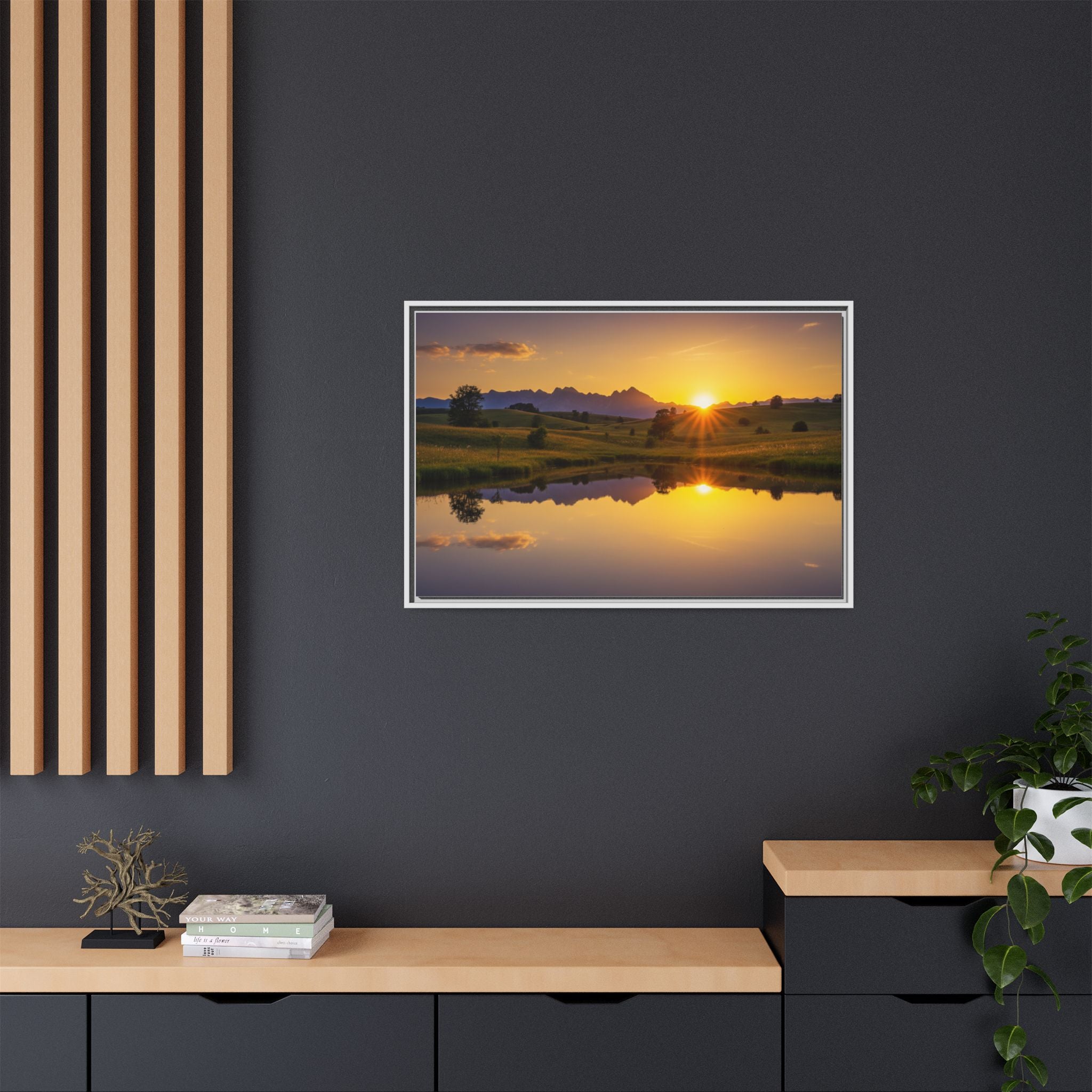 Framed Matte Canvas Sunset Landscape — Serene Lake Reflection Wall Art