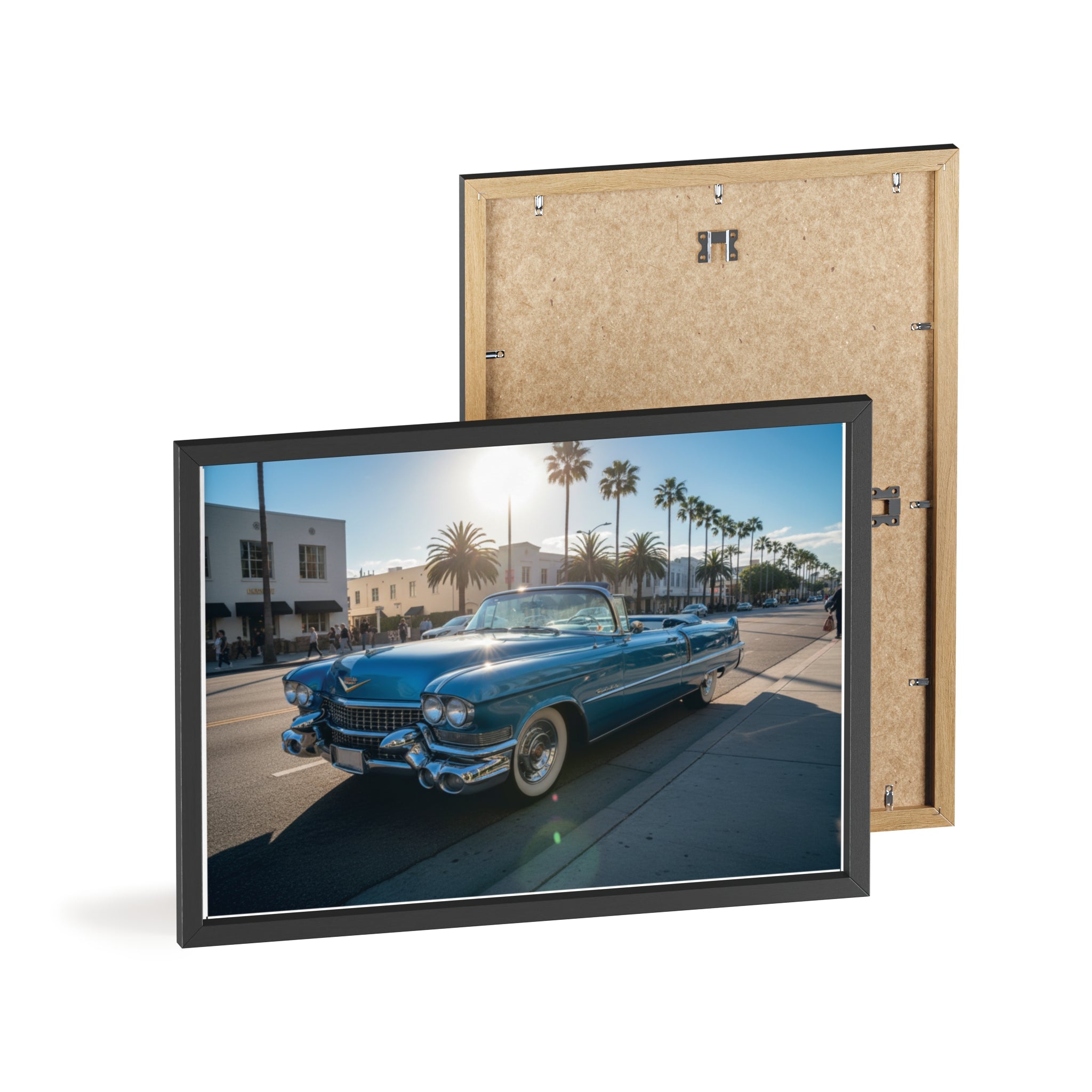 Framed Vintage Cadillac Poster – Retro Palm-Tree Coastal Car Wall Art