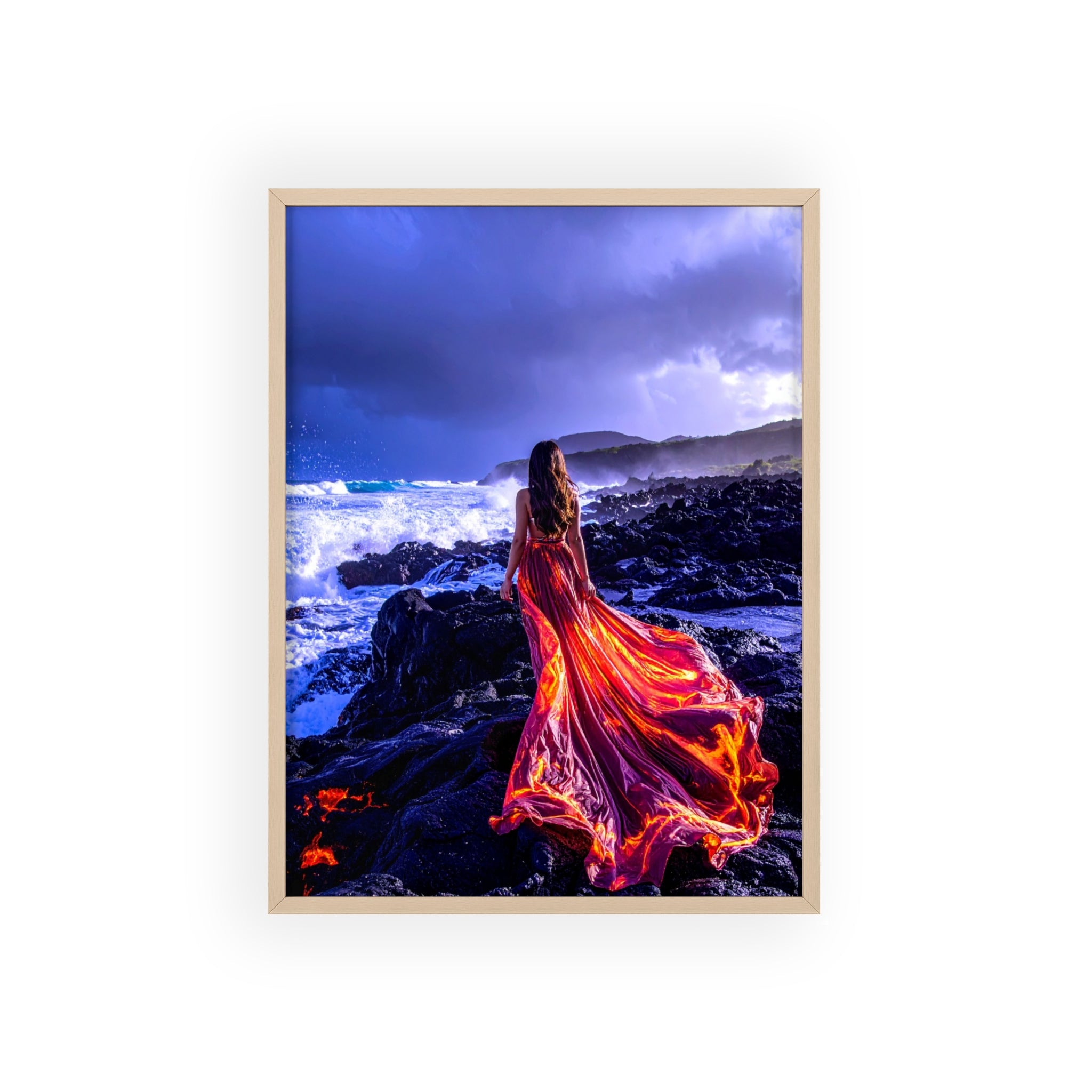 Framed Art Print — Woman in Fiery Red Dress on Rocky Shore (Wooden Frame Poster)