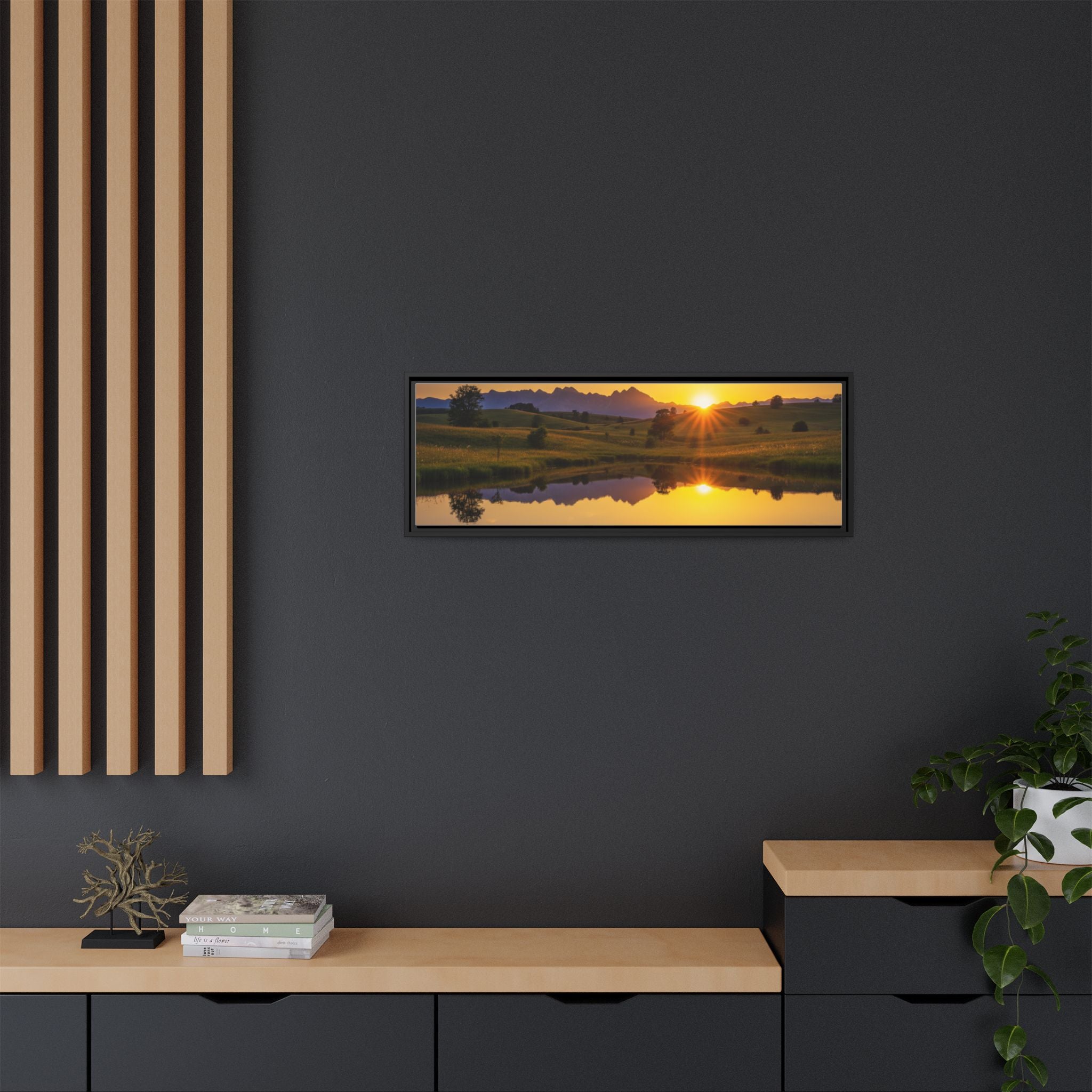 Framed Matte Canvas Sunset Landscape — Serene Lake Reflection Wall Art