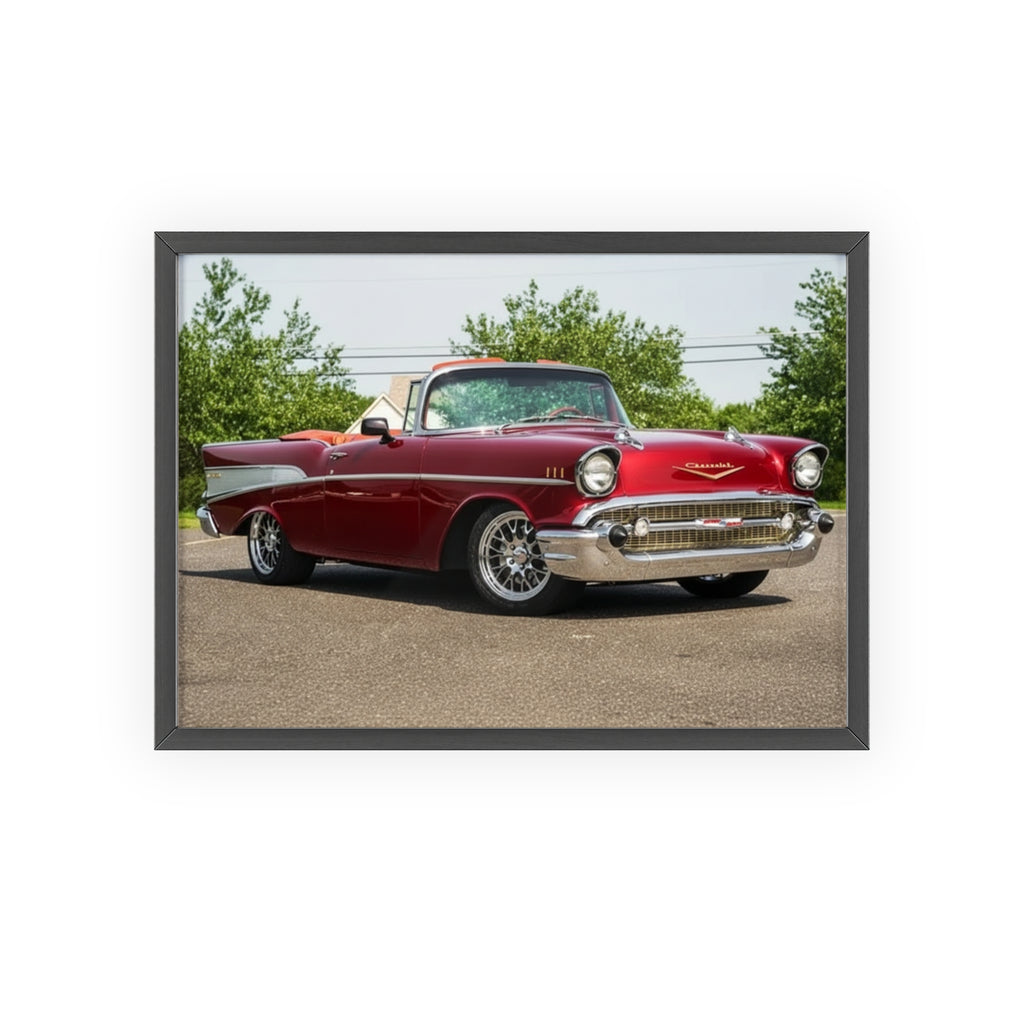 Vintage Red Classic Car Poster with Wooden Frame — Retro Automotive Wall Art