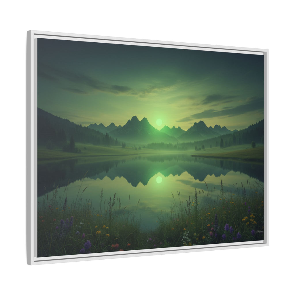 Framed Matte Canvas Print — Serene Green Mountain Lake Landscape