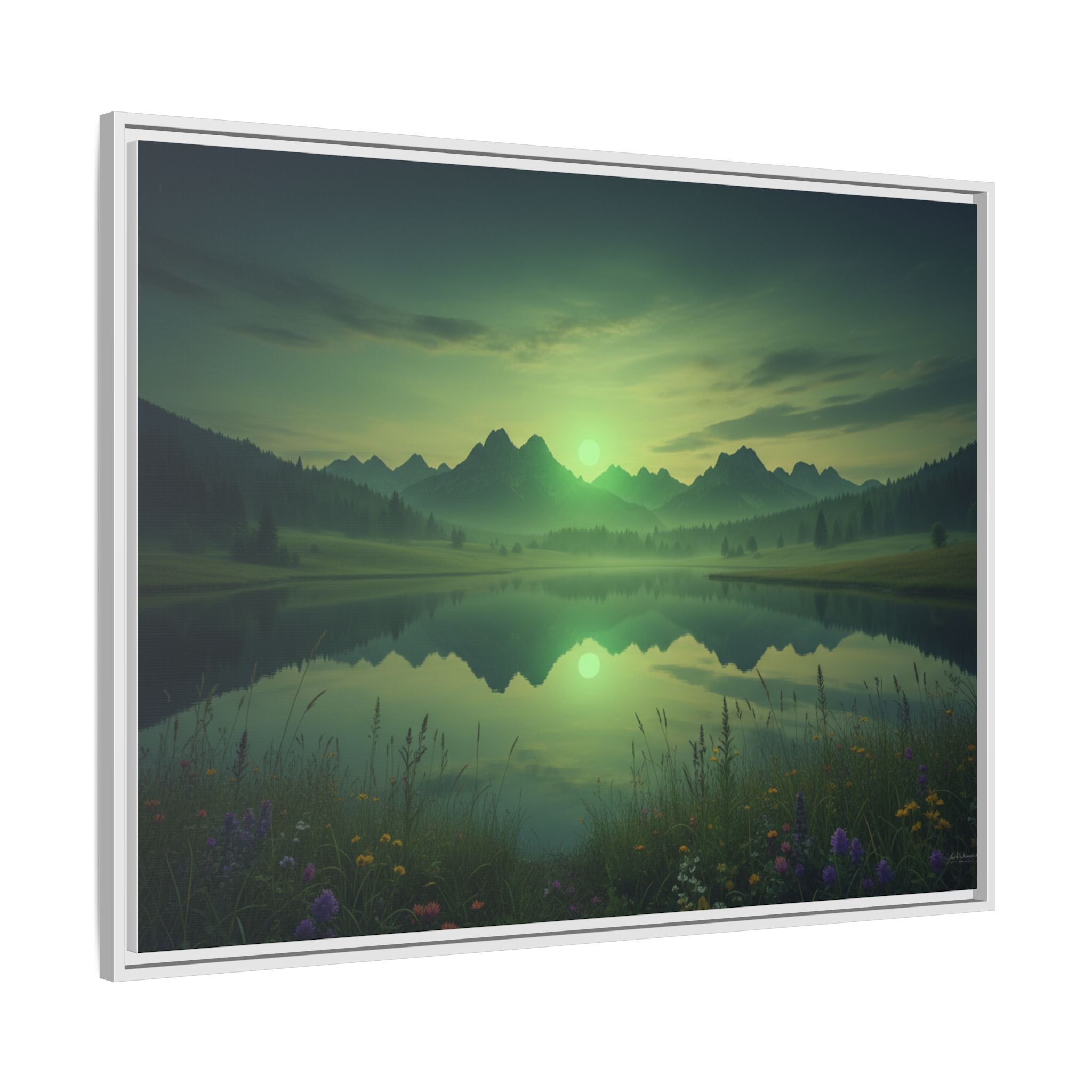 Framed Matte Canvas Print — Serene Green Mountain Lake Landscape