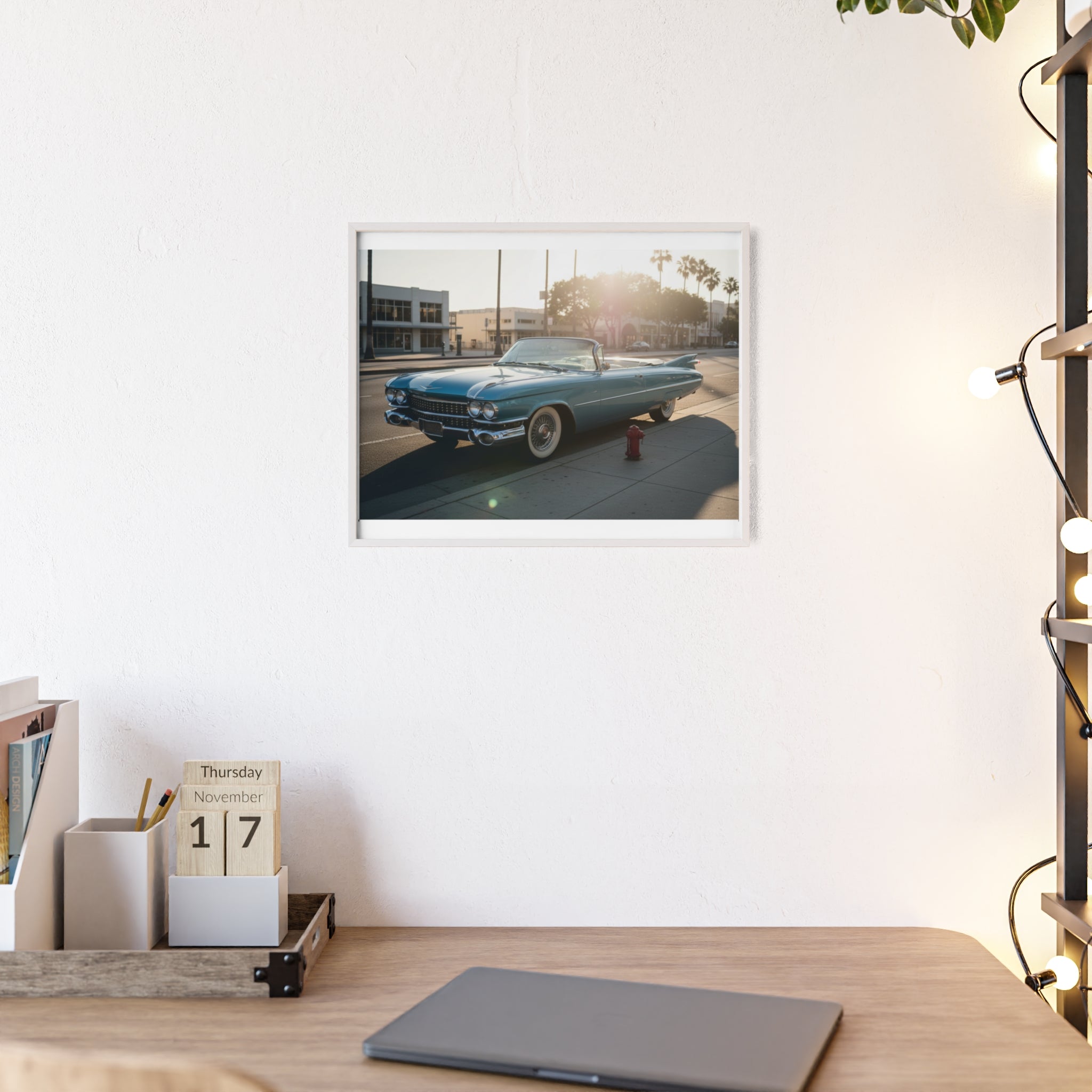 Vintage Blue Cadillac Poster with Wooden Frame – Retro Car Wall Art