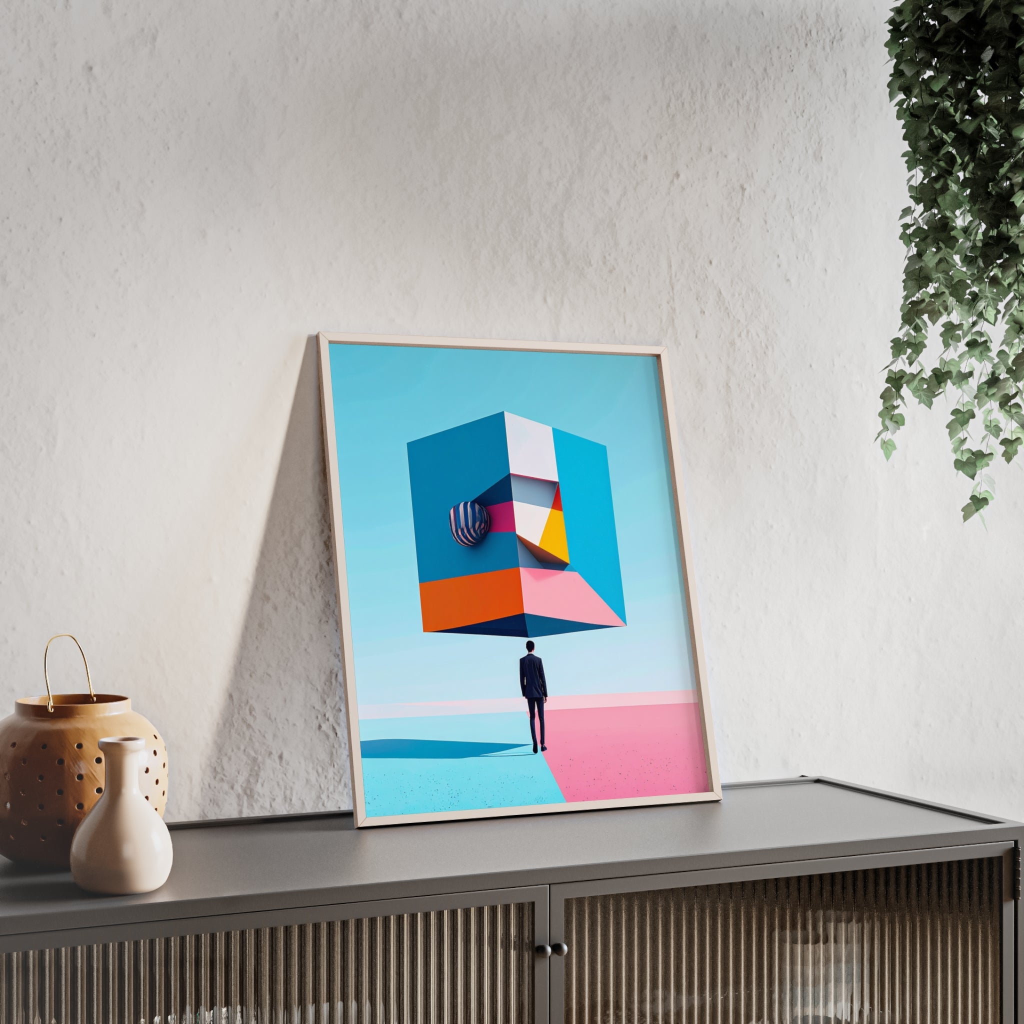 Surreal Geometric Art Poster with Wooden Frame — Modern Minimal Wall Decor
