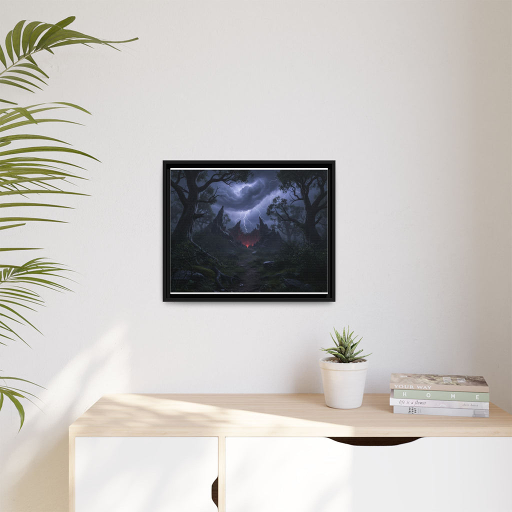 Dark Storm Forest Framed Canvas Print — Lightning, Haunted Castle Art